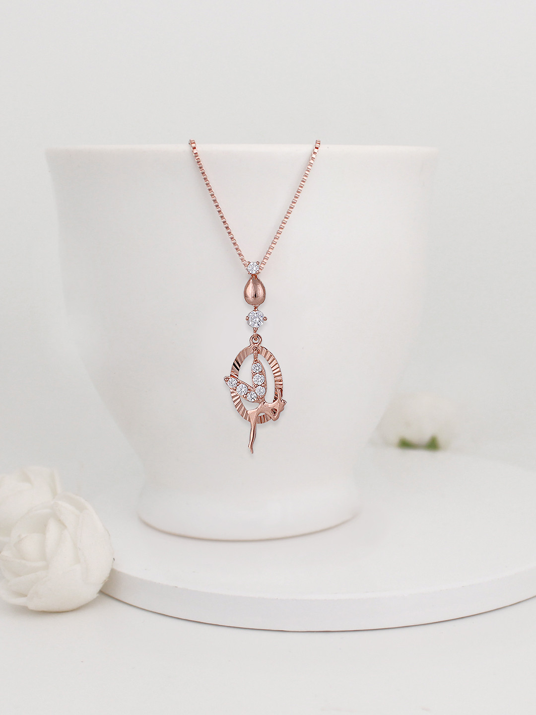 GIVA 925 Sterling Silver Rhodium-Plated Cubic Zirconia Studded Pendant With Chain