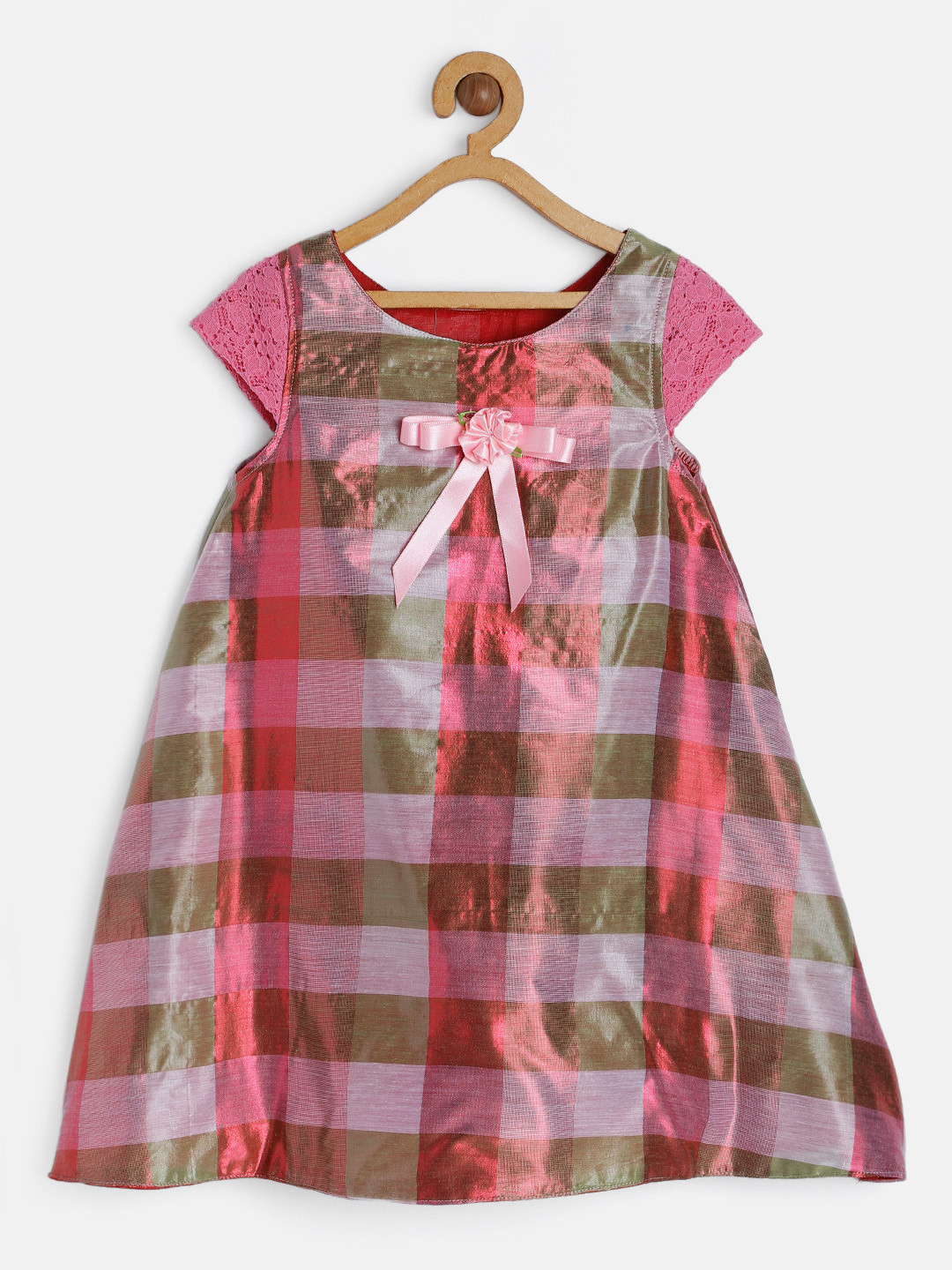 MANY FROCKS & Girls Pink & Brown Checked A-Line Dress