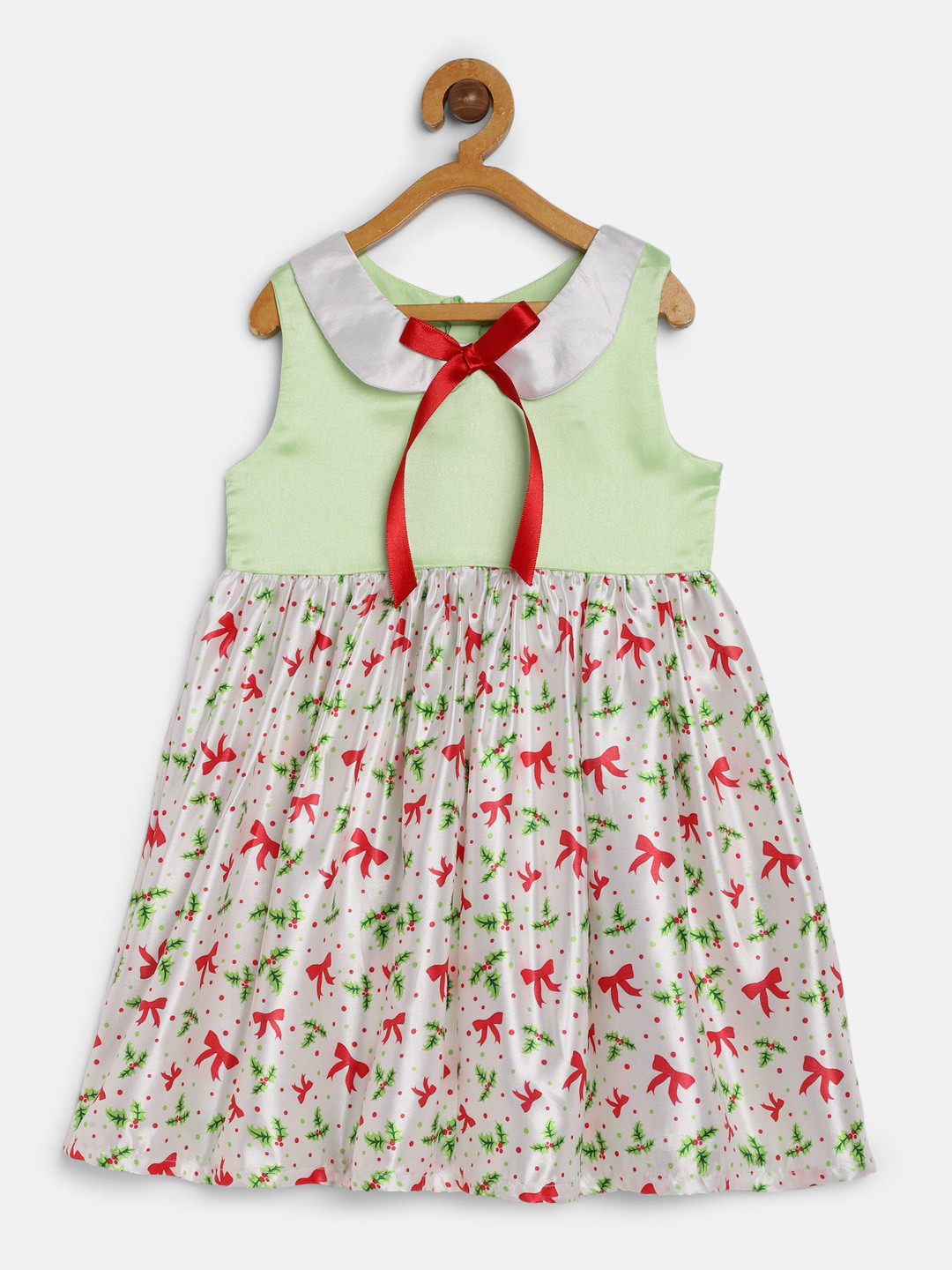 MANY FROCKS & Girls Green Printed Fit-Flare Satin Dress