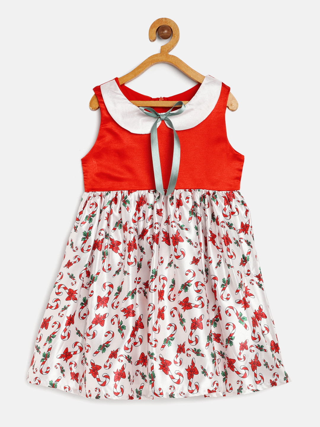 MANY FROCKS & Girls Red And White Printed Fit and Flare Satin Dress