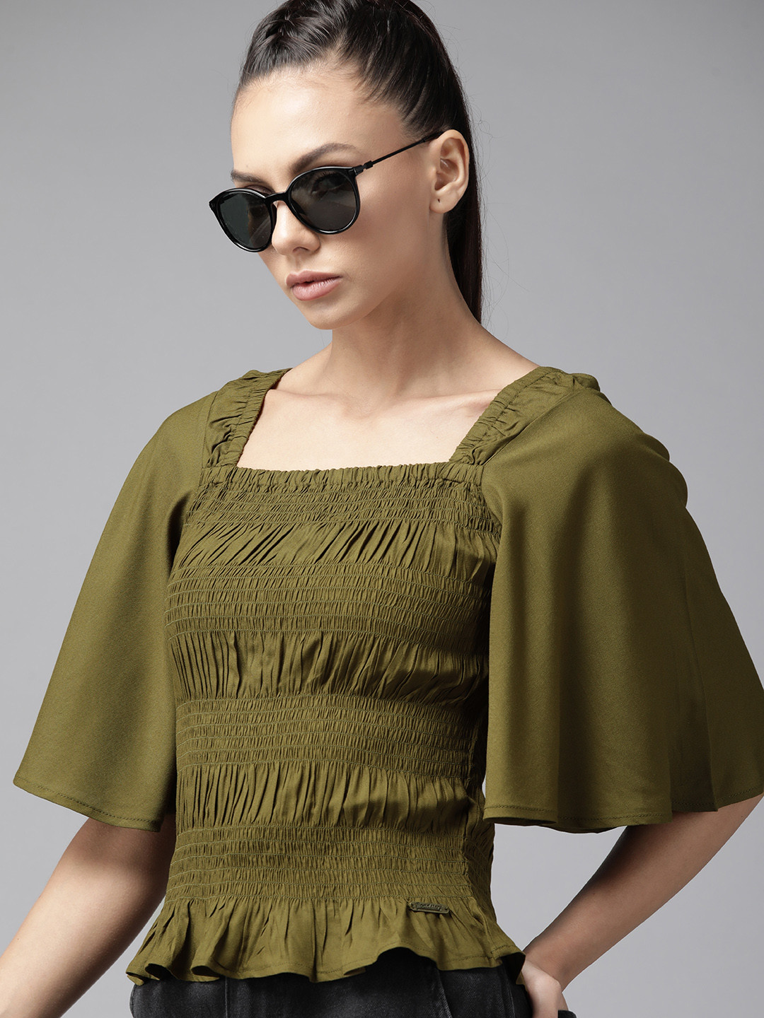 Roadster Olive Green Square Neck Smocked Top