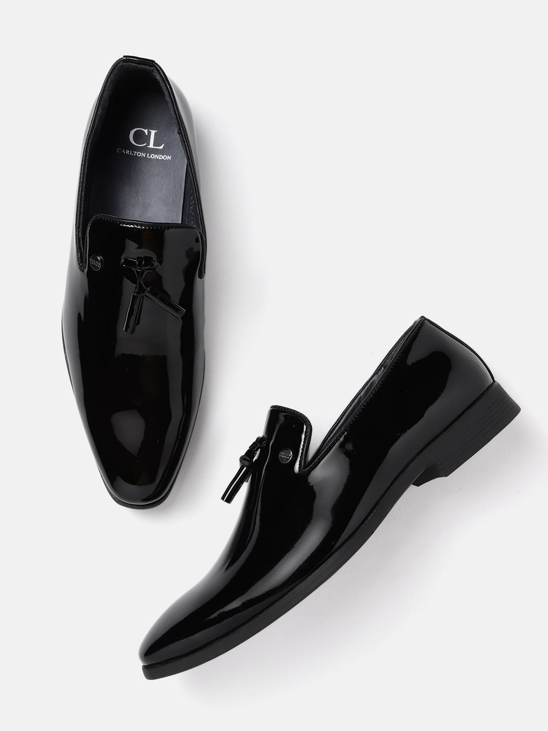 Carlton London Men Black Glossy Solid Partywear Tasselled Loafers