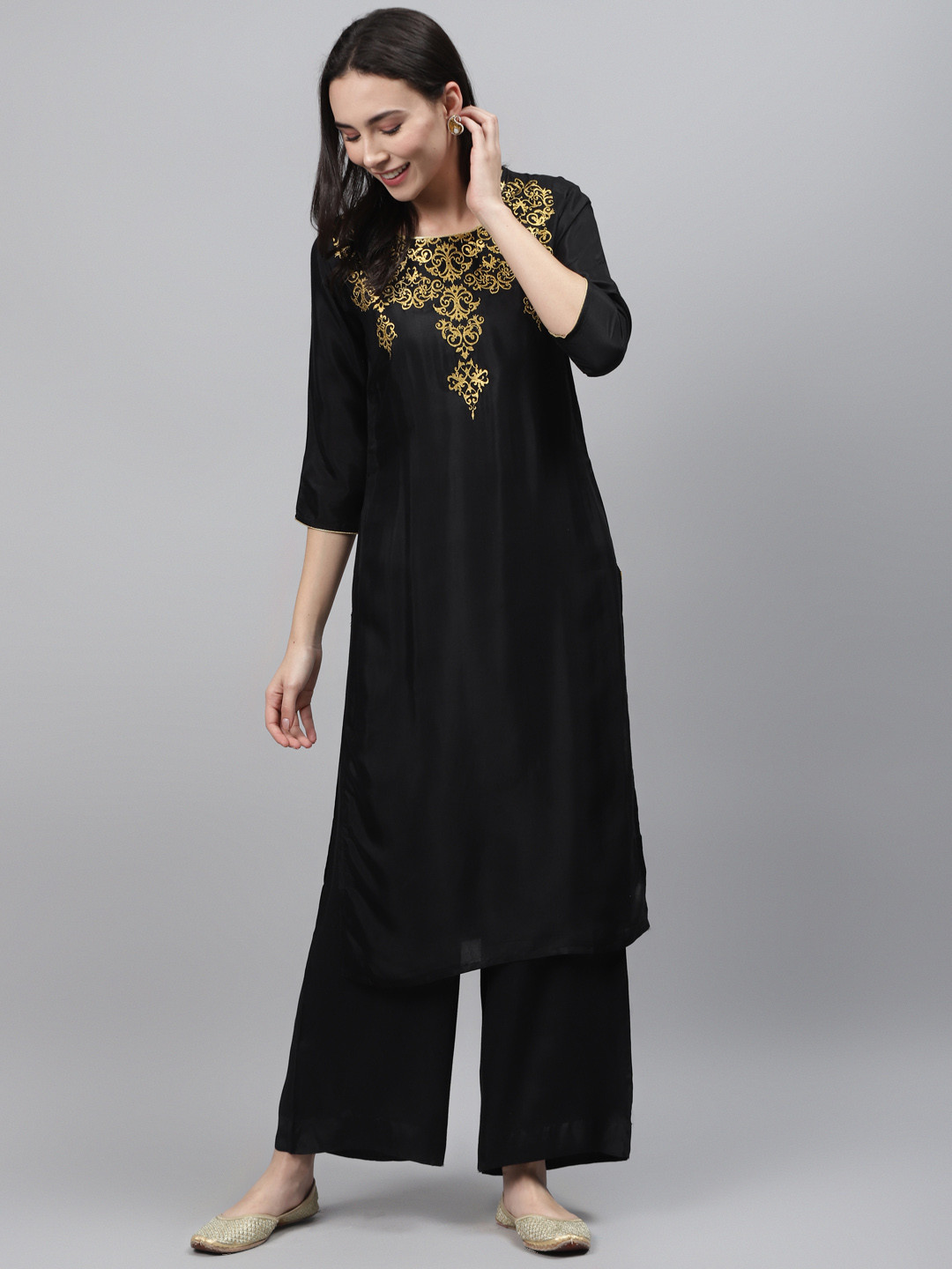AURELIA Women Black & Golden Zari Embroidered Yoke Design Satin Finish Kurta with Palazzos