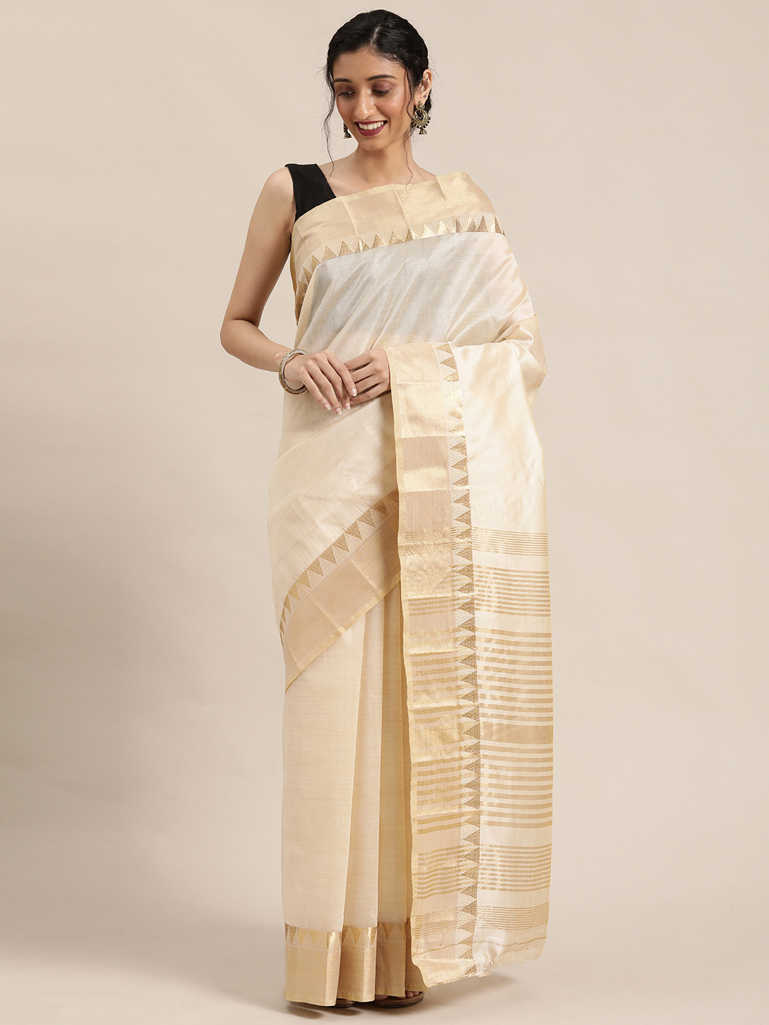 KALINI Cream-Coloured & Golden Striped Zari Silk Cotton Solid Saree