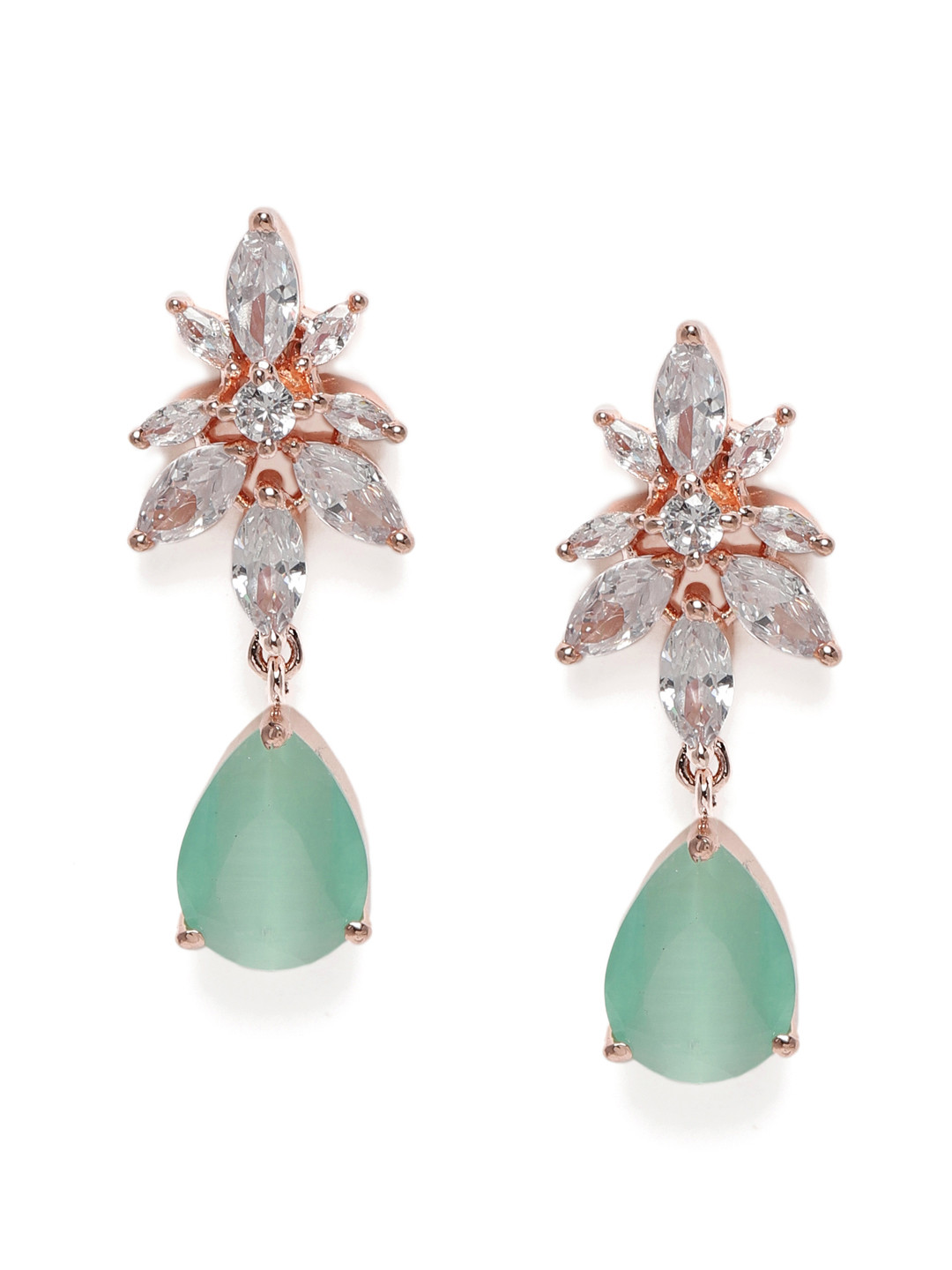 AccessHer Green Rose Gold-Plated Handcrafted Teardrop Shaped Drop Earrings