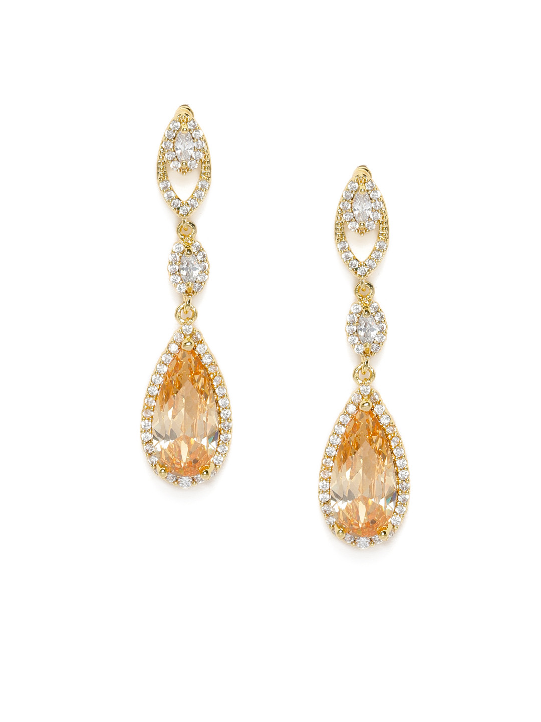 AccessHer White Brass-Plated American Diamond Studded Teardrop Shaped Drop Earrings