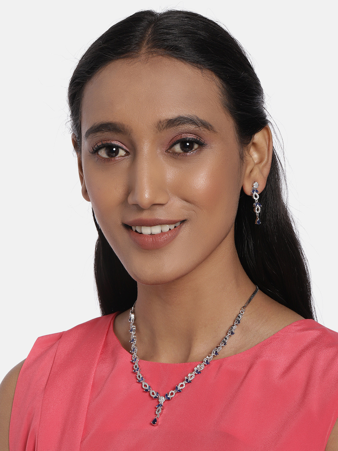 AccessHer Blue Rhodium-Plated AD Studded Jewellery Set