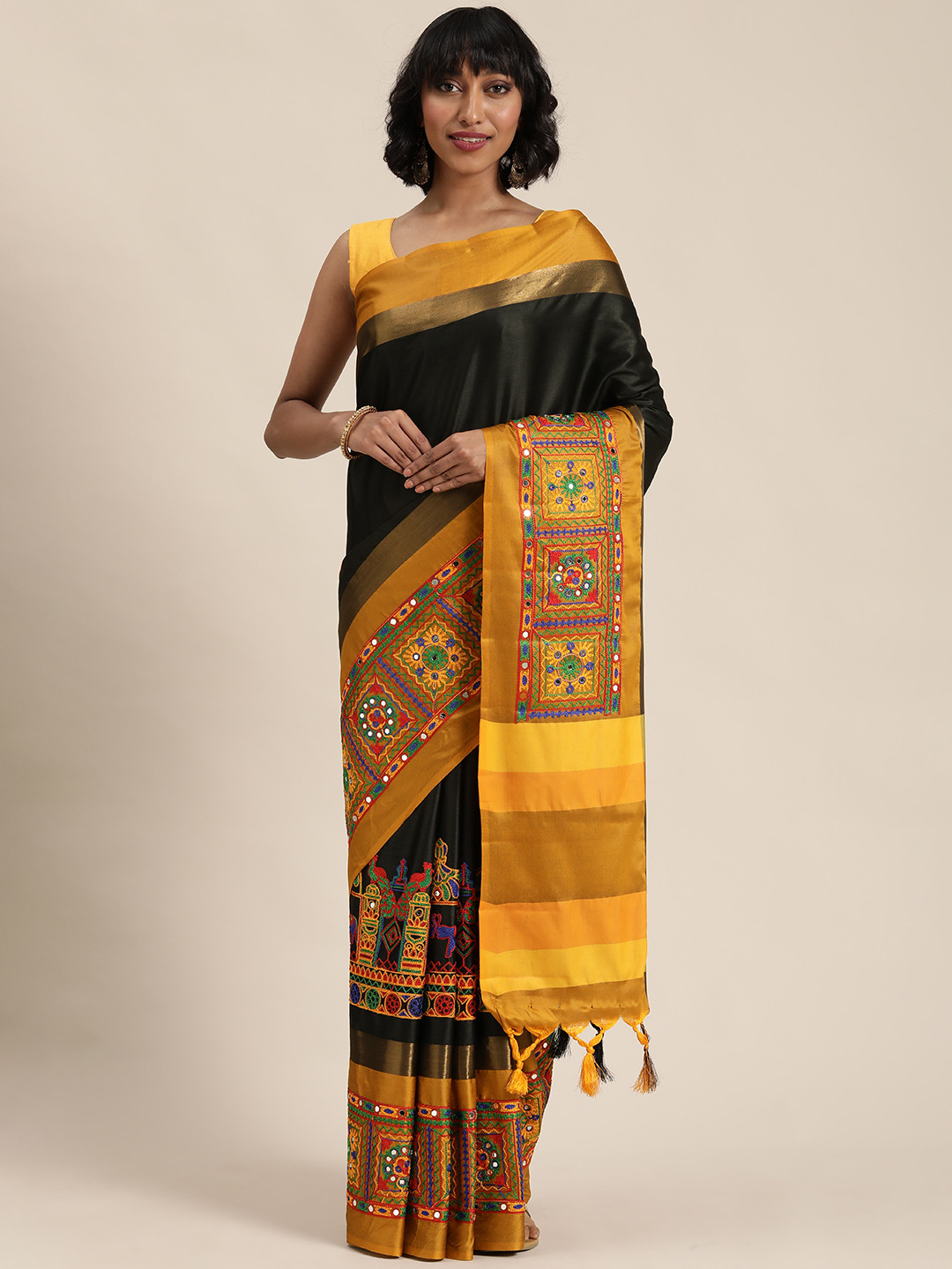 Mitera Black & Mustard Yellow Embroidered Saree