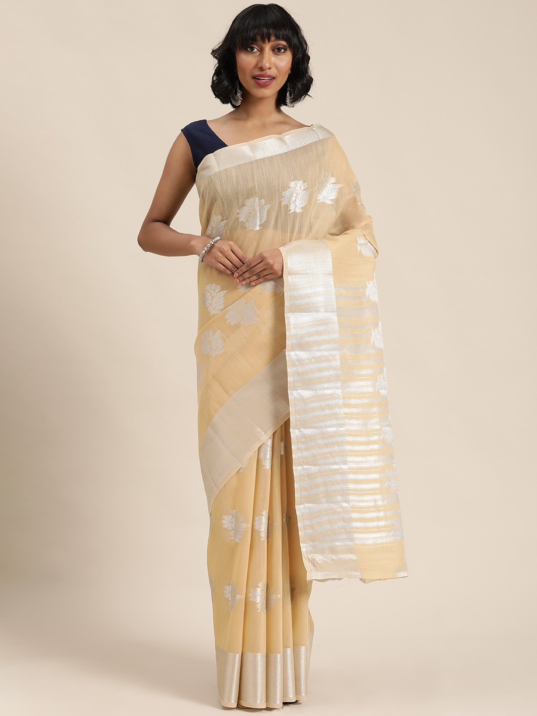 Mitera Beige & Silver-Toned Woven Design Saree
