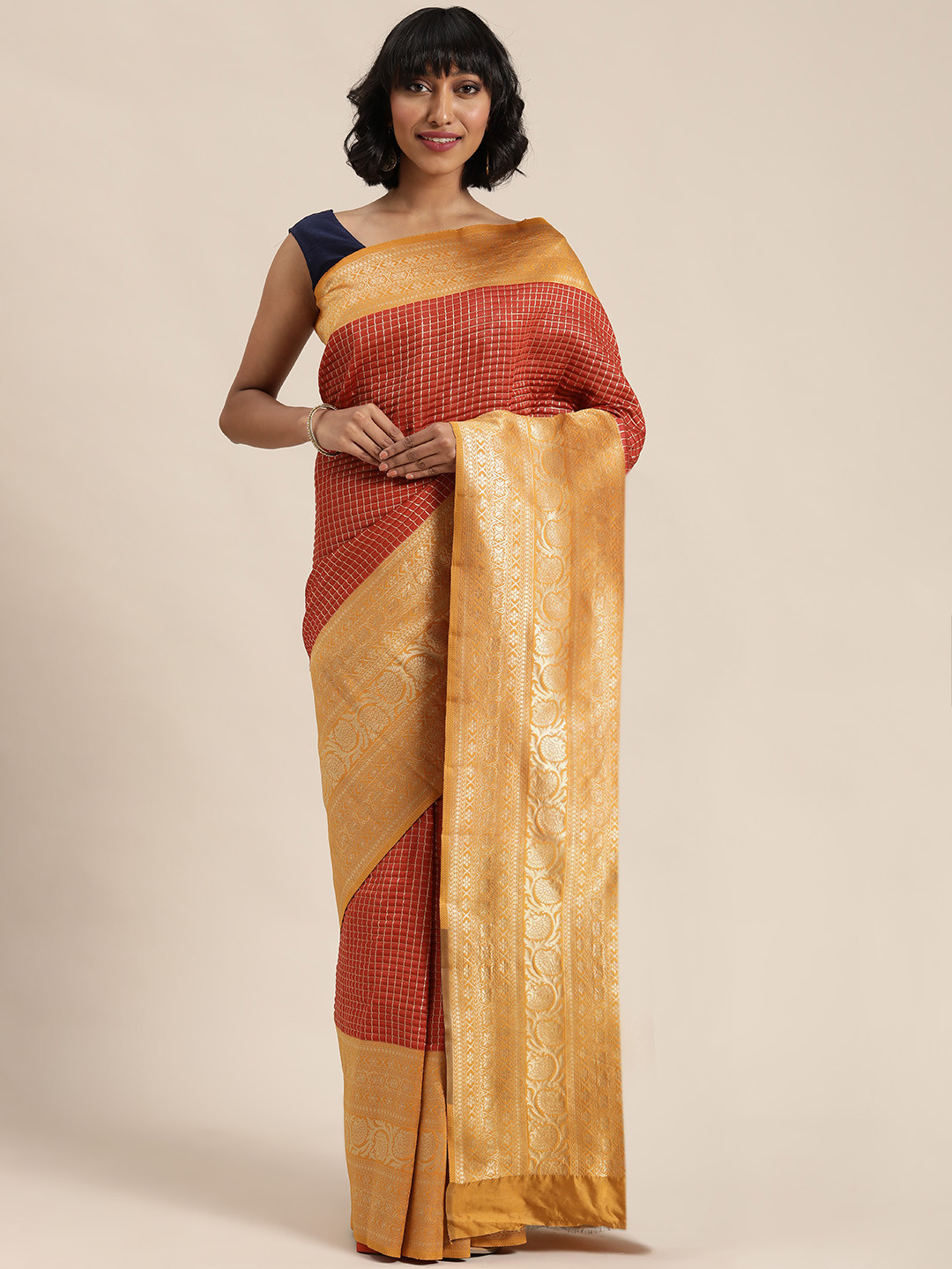 Mitera Red & Mustard Yellow Checked Saree