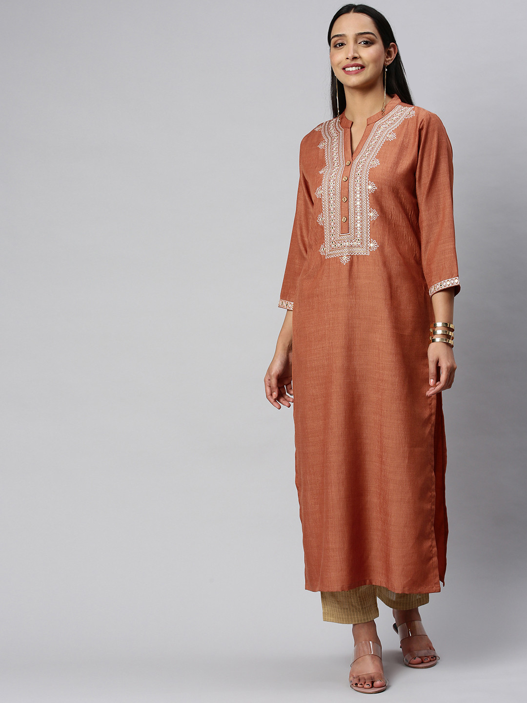 KSUT Rust Orange Mirror Work Embroidery Yoke Kurta With 3/4Th Sleeves
