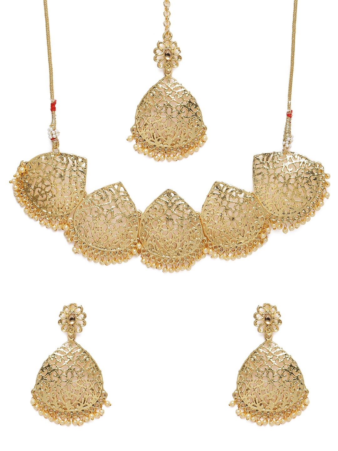 Kord Store Gold Plated Filigree Design Latkan Pearls Necklace, Earrings   Maang Tika Set