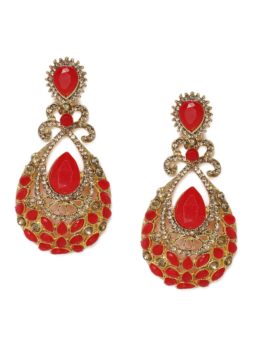 Kord Store Red Gold-Plated Studded Teardrop Shaped Drop Earrings