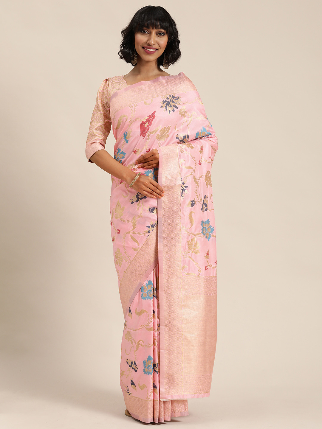 Mitera Pink & Blue Woven Design Kasavu Celebrity Saree