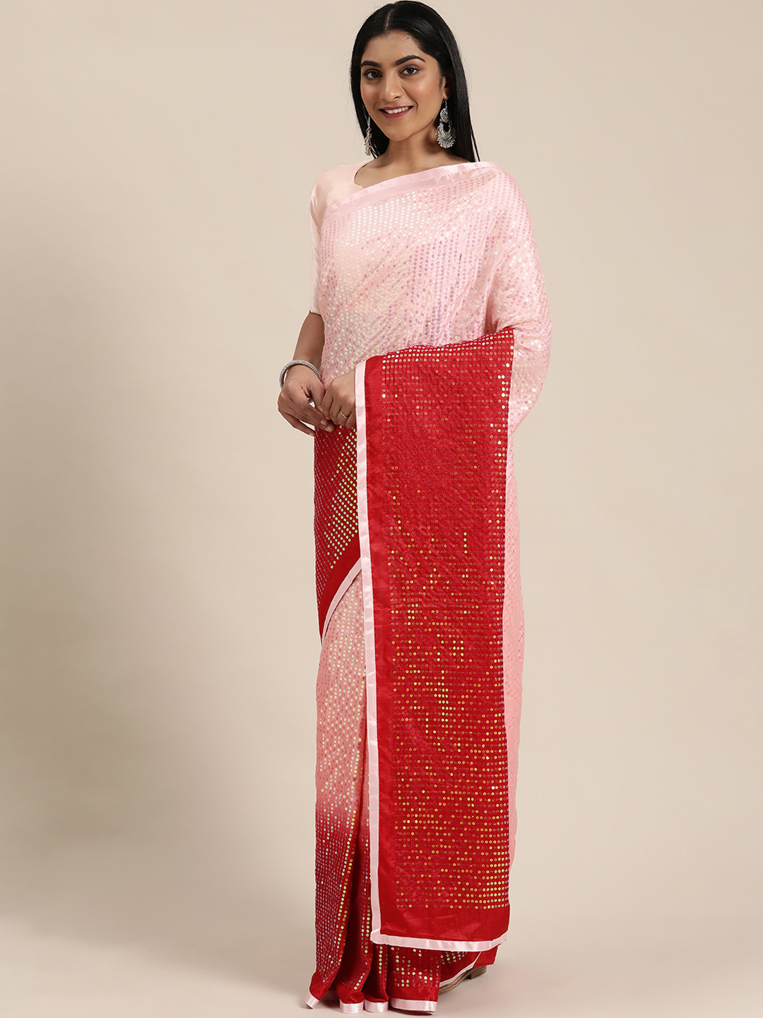 Mitera Pink & Red Pure Georgette Colourblocked Saree