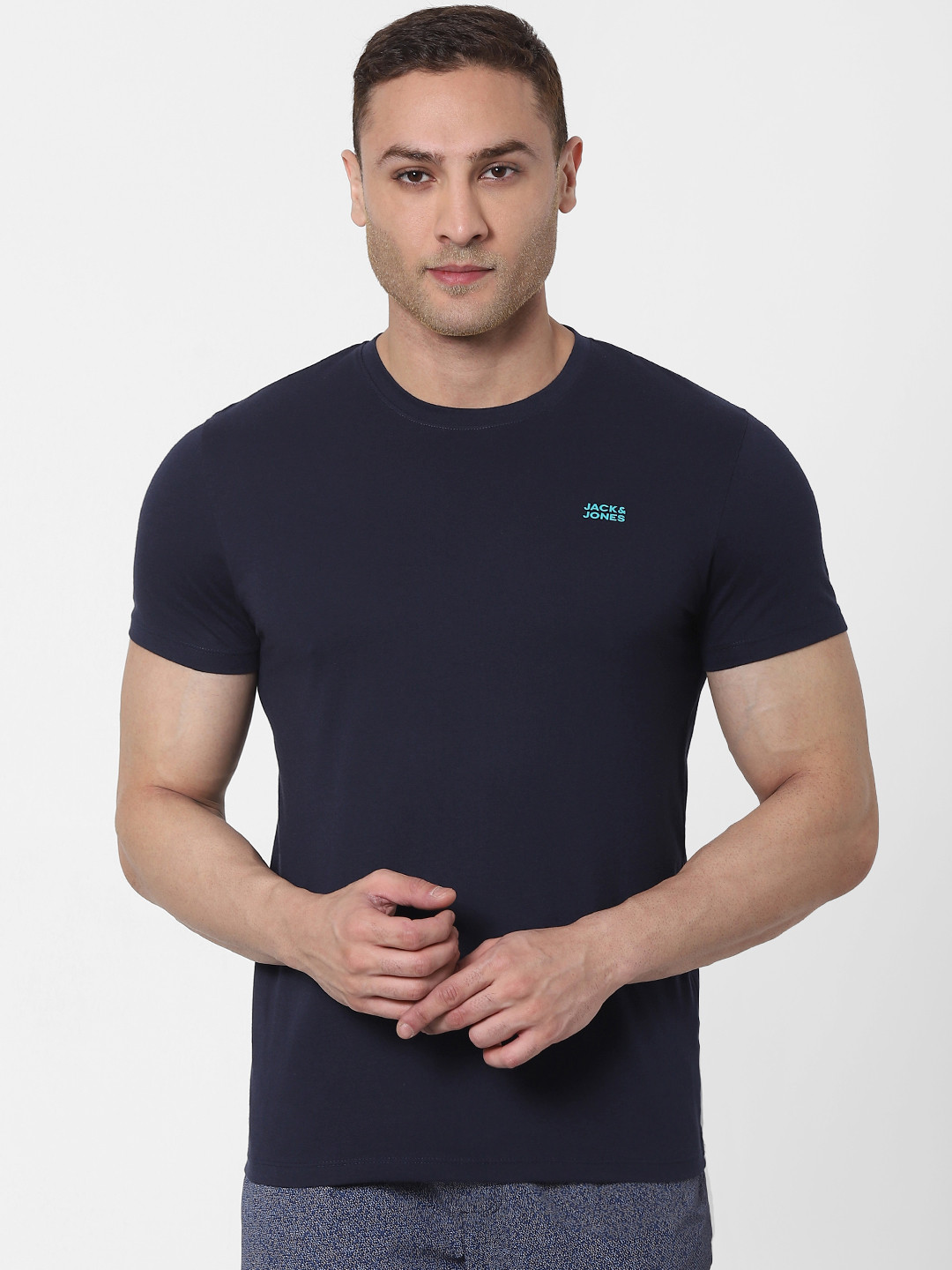Jack & Jones Men Navy Blue Solid Round Neck Lounge T-shirt