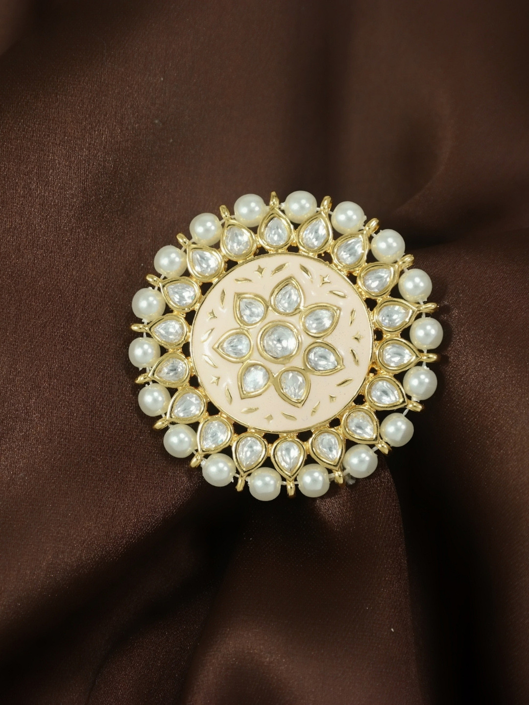 I Jewels Peach-Coloured Gold-Plated Meenakari Adjustable Finger Ring