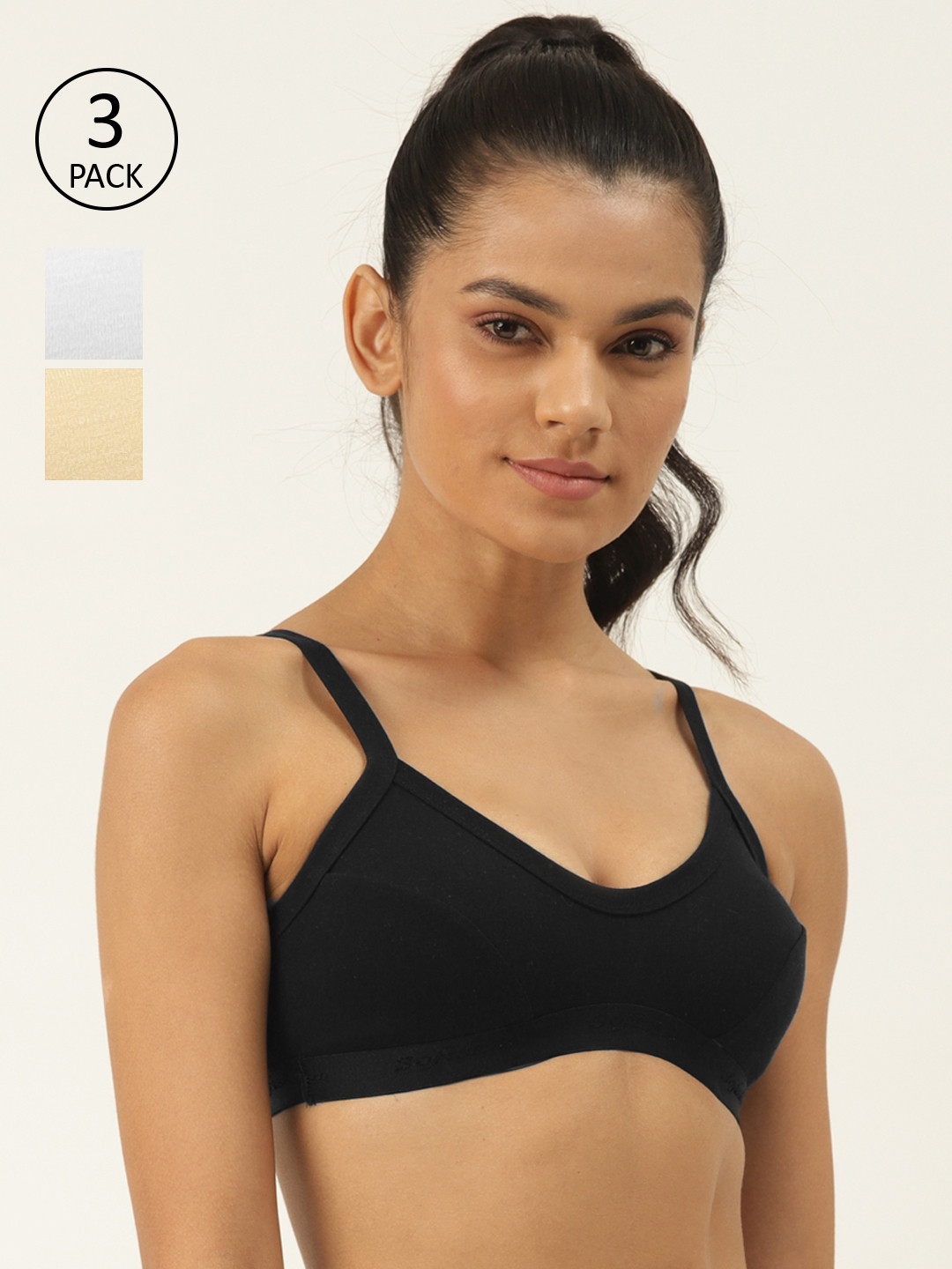 Softskin White Pack of 3 Solid Non-Wired Non-Padded Workout Bra Sporty_WSB_30B_3