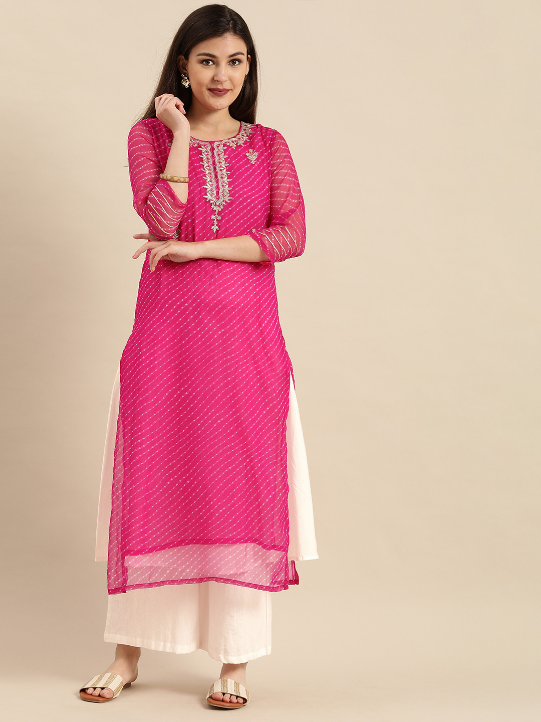 Varanga Fuchsia Leheriya Printed Gota Patti Yoke Embroidery Kurta