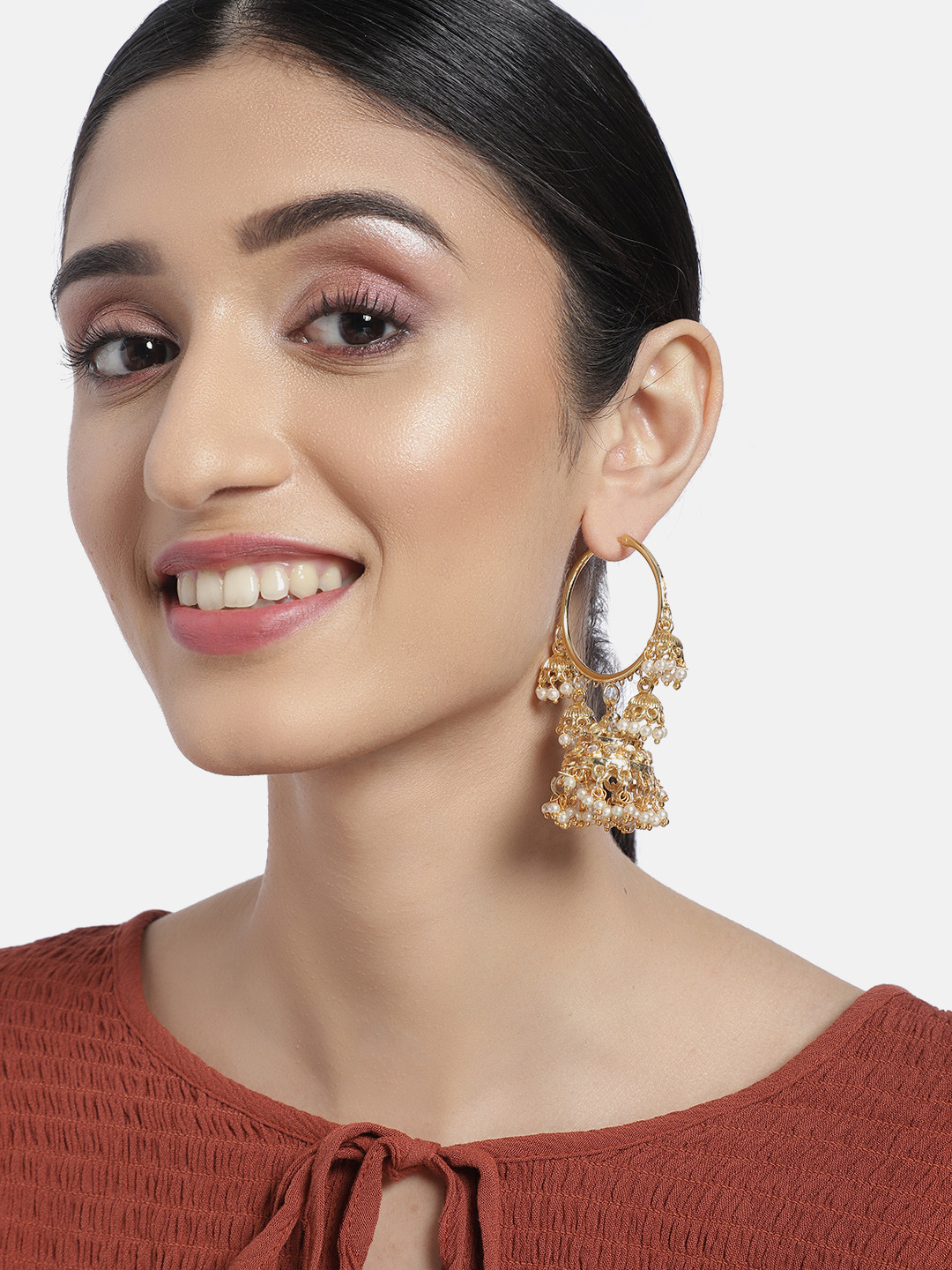 I Jewels Gold-Plated Beaded Dome Shaped Hoop Jhumkas