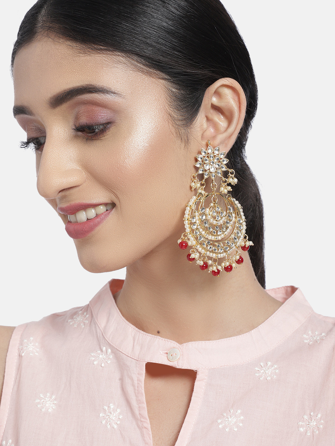I Jewels Red Gold Plated Studded Crescent Shaped Chandbalis