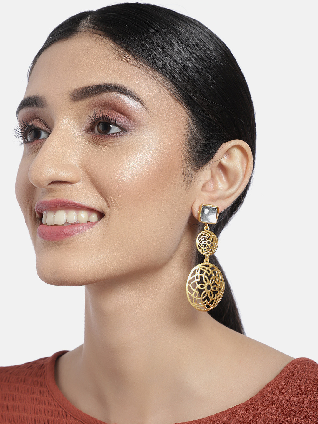 I Jewels Gold-Plated Matte Finish Studded Circular Drop Earrings