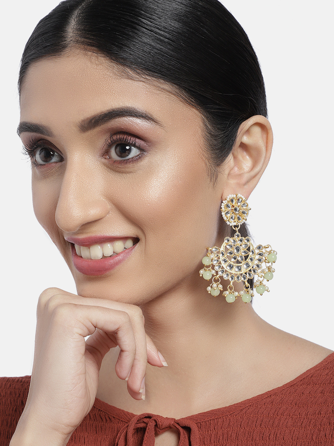 I Jewels Mint Green Gold-Plated Crescent Shaped Chandbalis