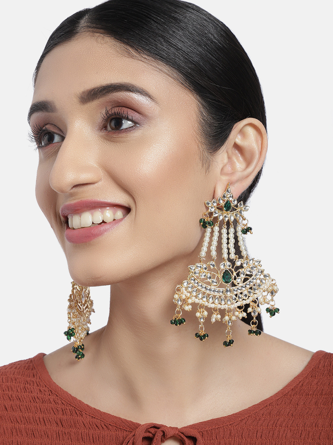 I Jewels Green Gold Plated Antique Finish Kundan Chandbalis