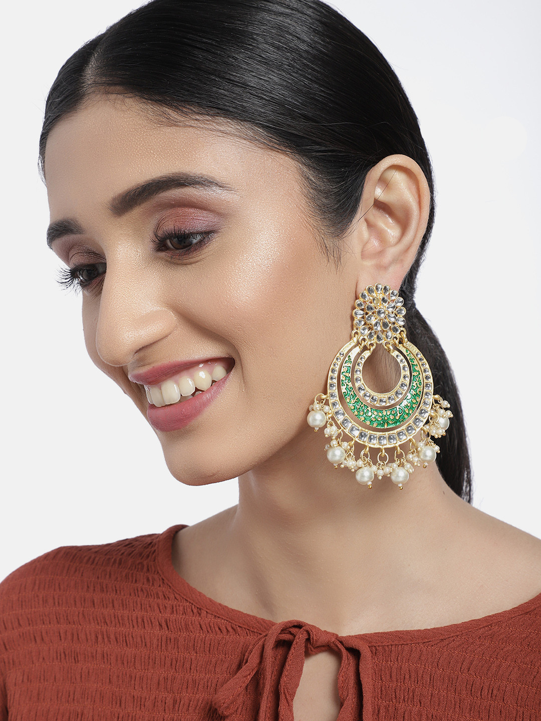 I Jewels Green Gold-Plated Enamelled Crescent Shaped Chandbalis