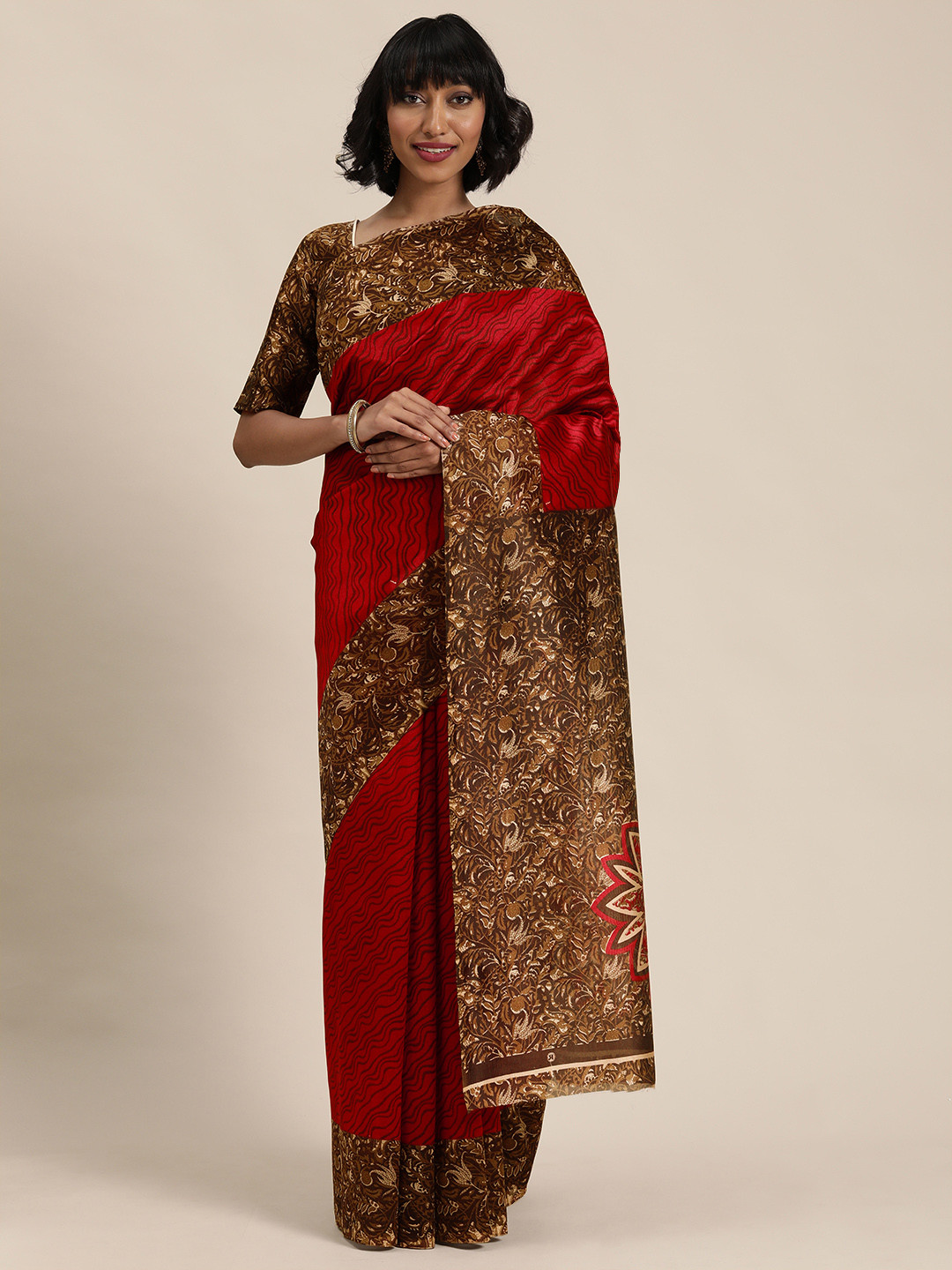 Florence Red & Brown Abstract Printed Saree