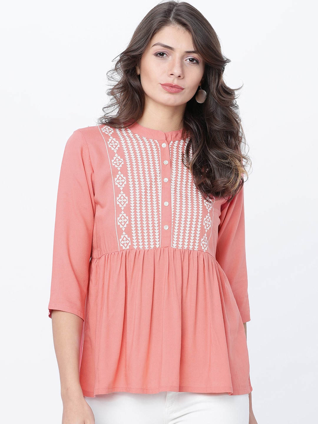 Vishudh Women Coral Peach Printed A-Line Top
