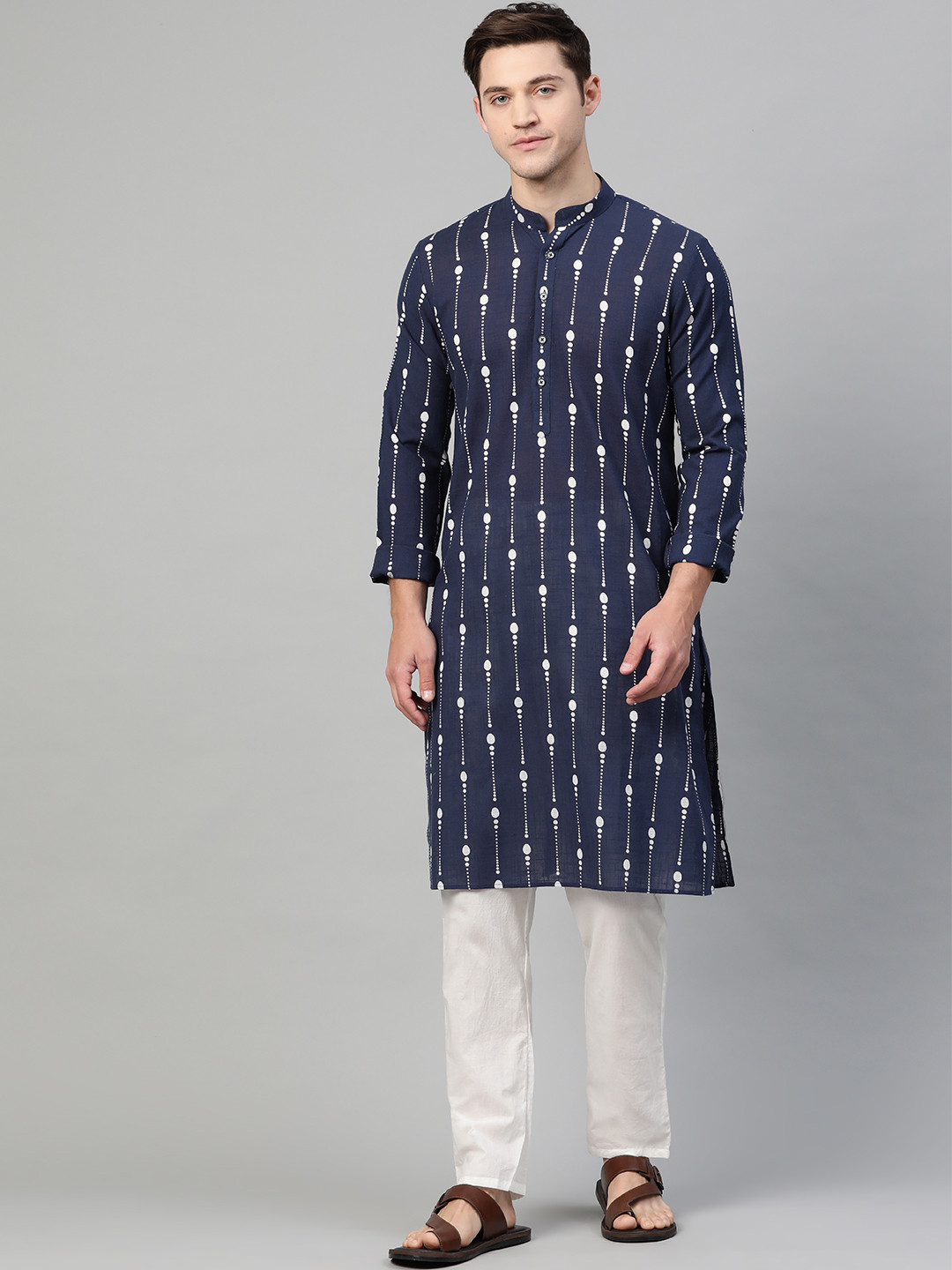 See Designs Men Navy Blue & White Printed Pure Cotton Straight Kurta