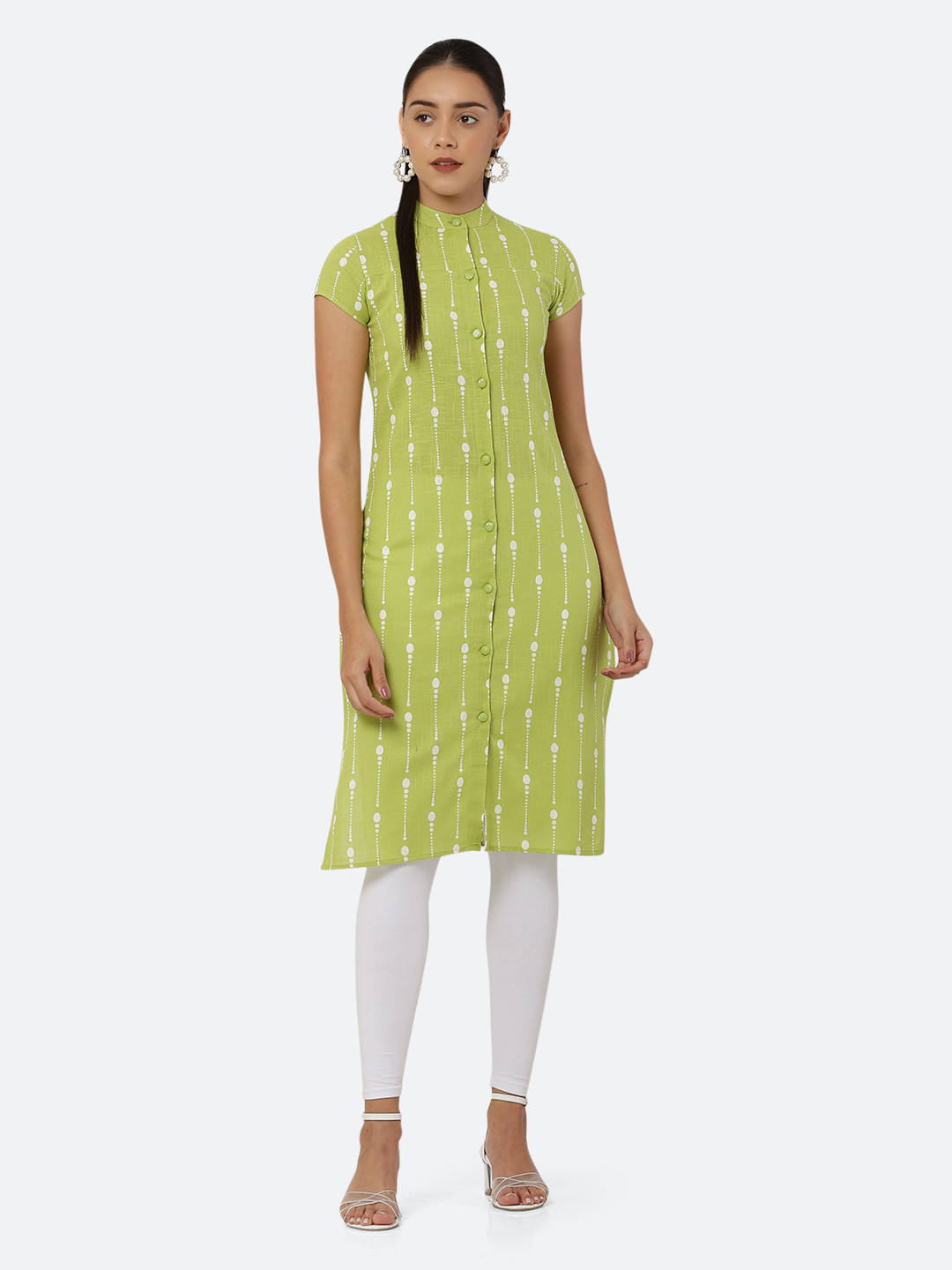 See Designs Women Green & White Pure Cotton Khari Print Straight Kurta