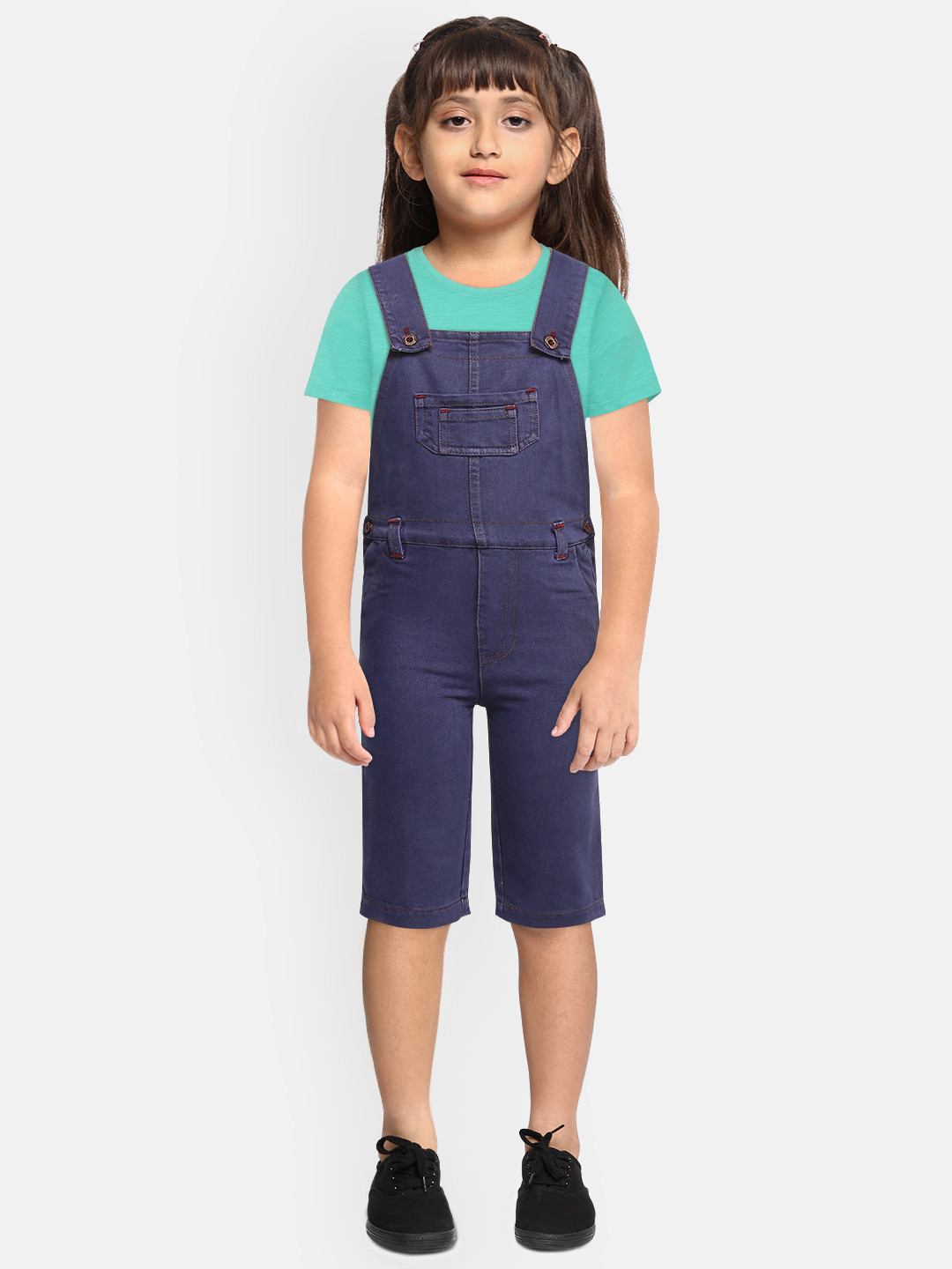 Eimoie Girls Navy Blue Solid Denim Dungaree