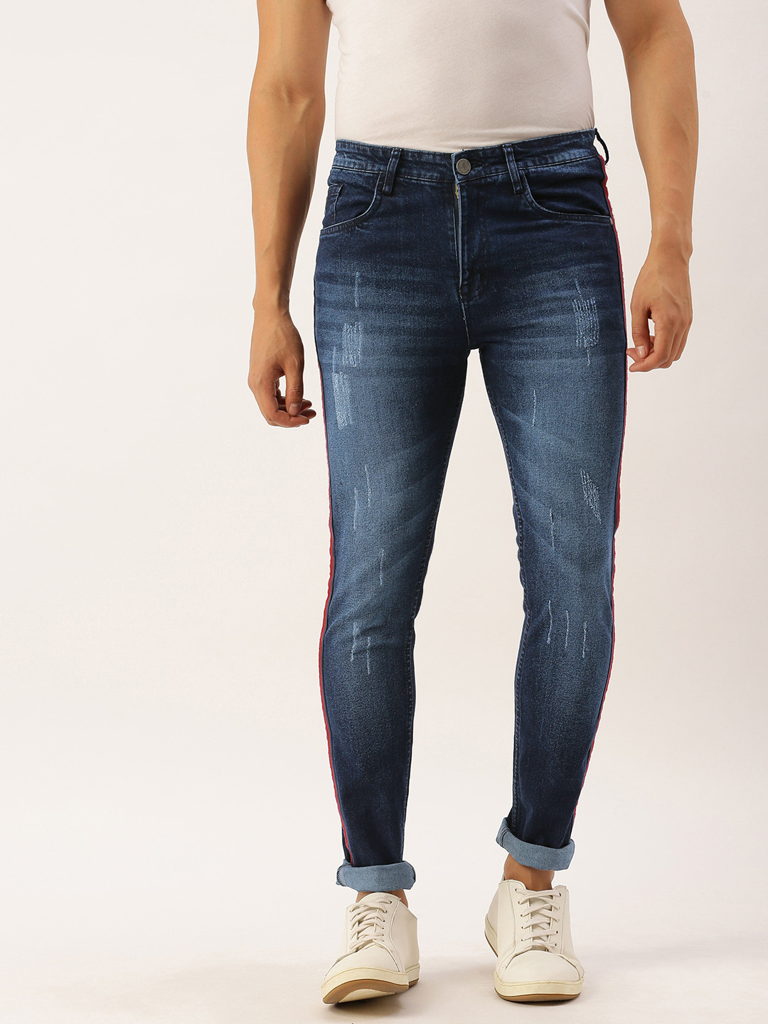 Campus Sutra Men Navy Slim Fit Mid-Rise Mildly Distressed Stretchable Side Taping Jeans