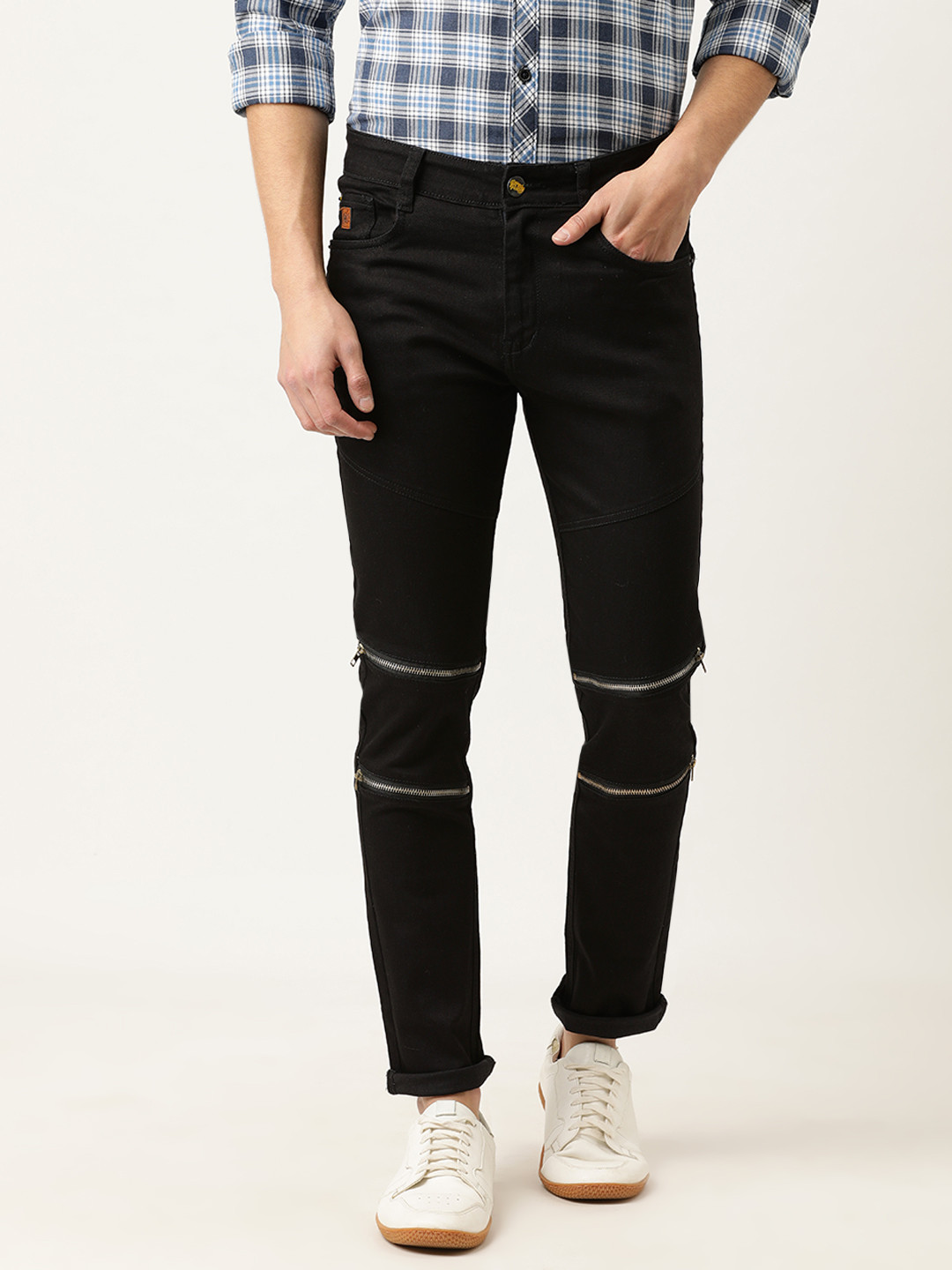 Campus Sutra Men Black Slim Fit Mid-Rise Clean Look Stretchable Side Taping Jeans