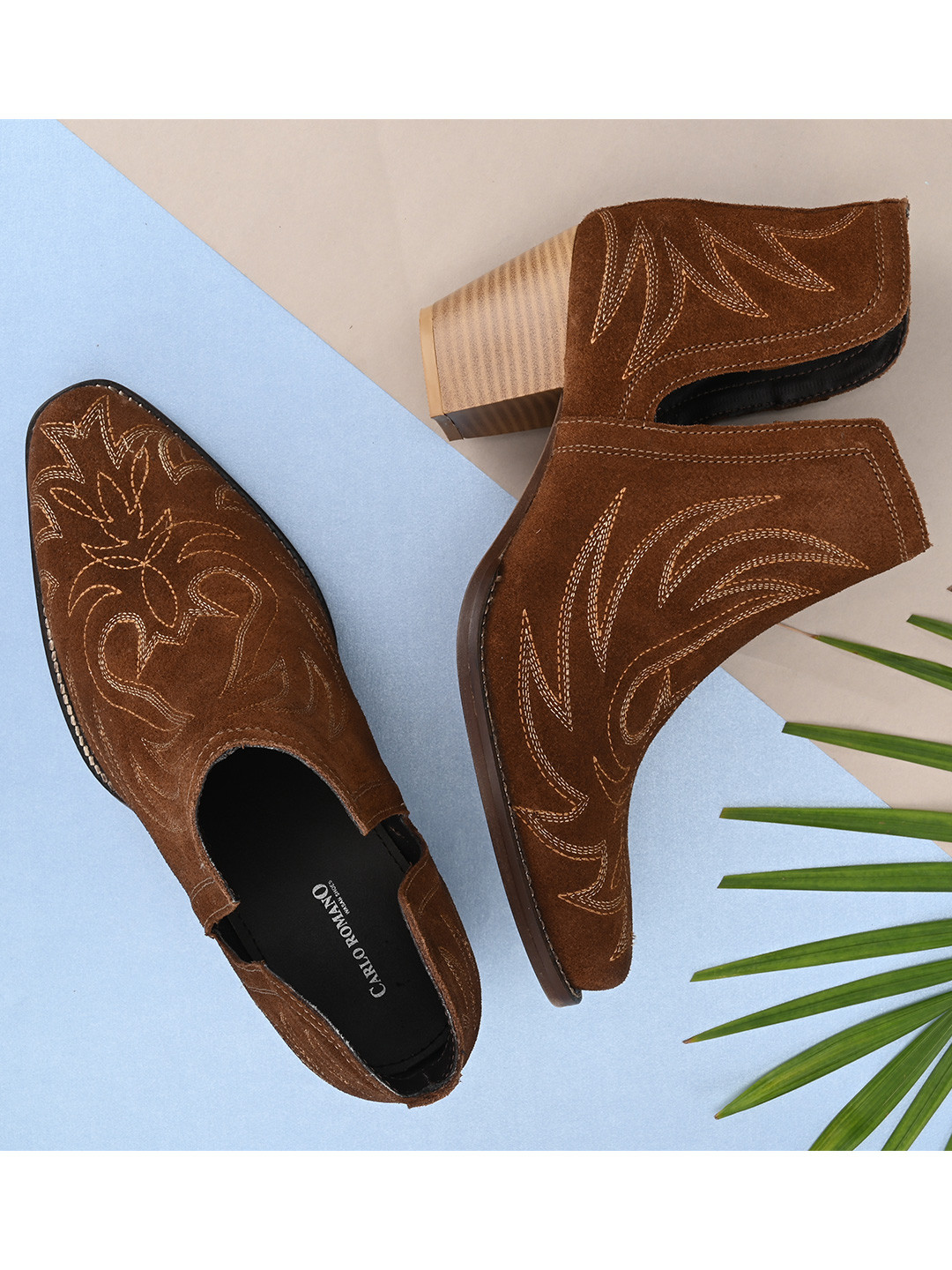 CARLO ROMANO Women Tan Woven Design Mid-Top Suede Heeled Boots