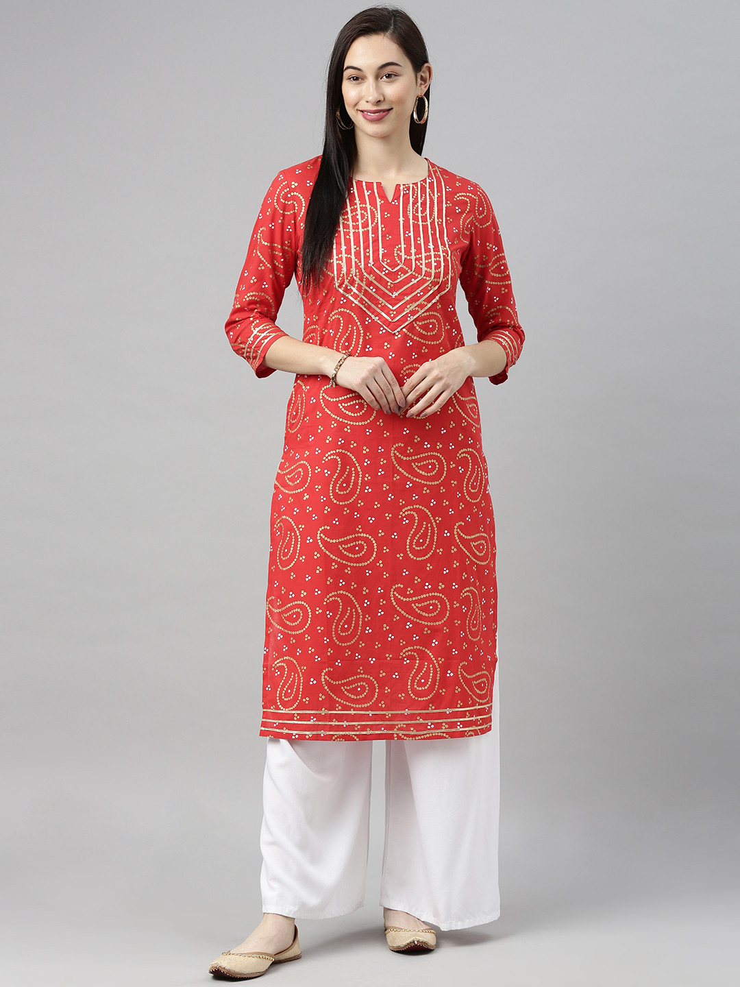 Blissta Women's Dark Orange Cotton Gota Patti & Foil Printed Work Straight Kurta