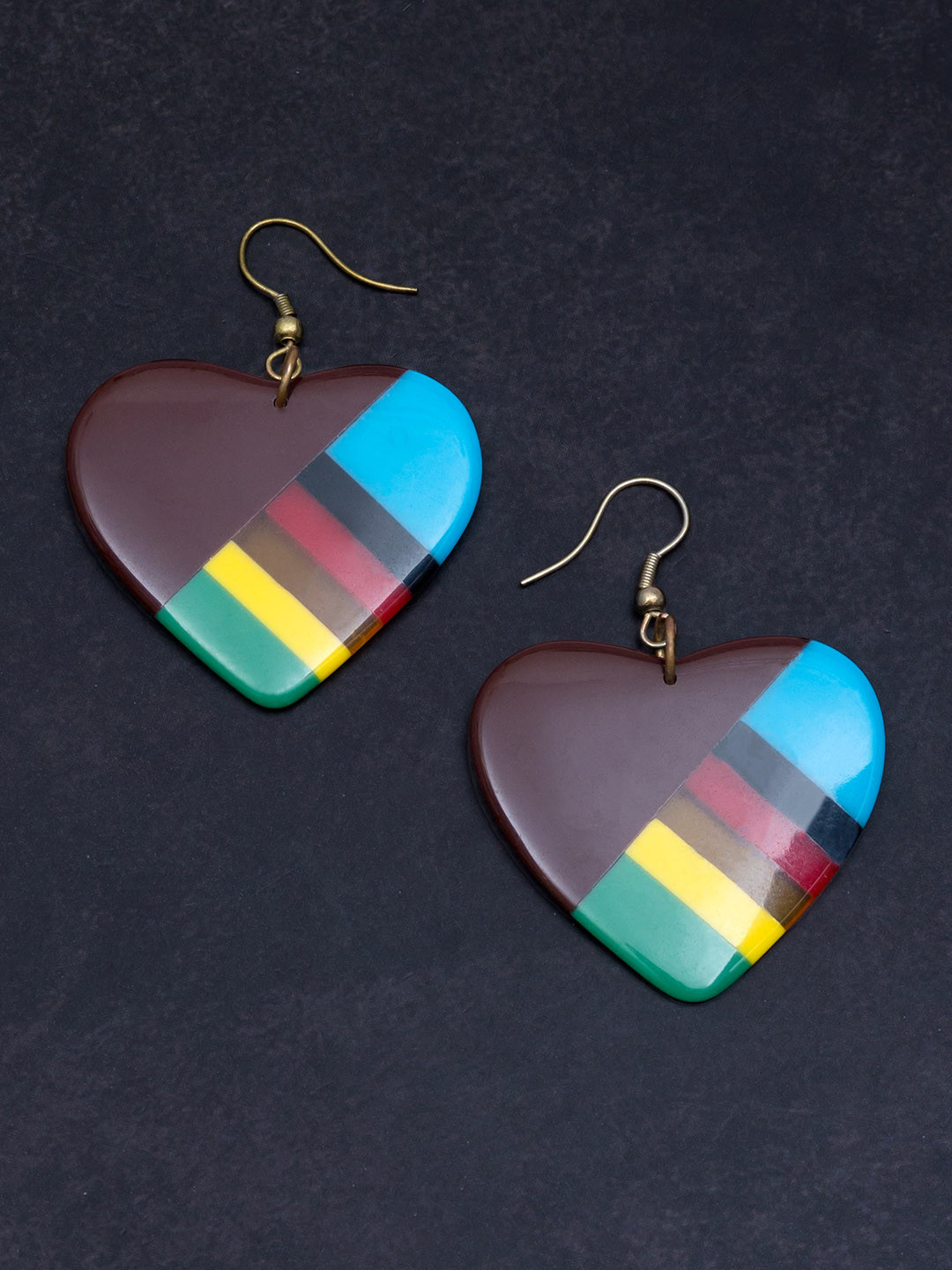 Golden Peacock Multicoloured & Brown Heart Shaped Drop Earrings