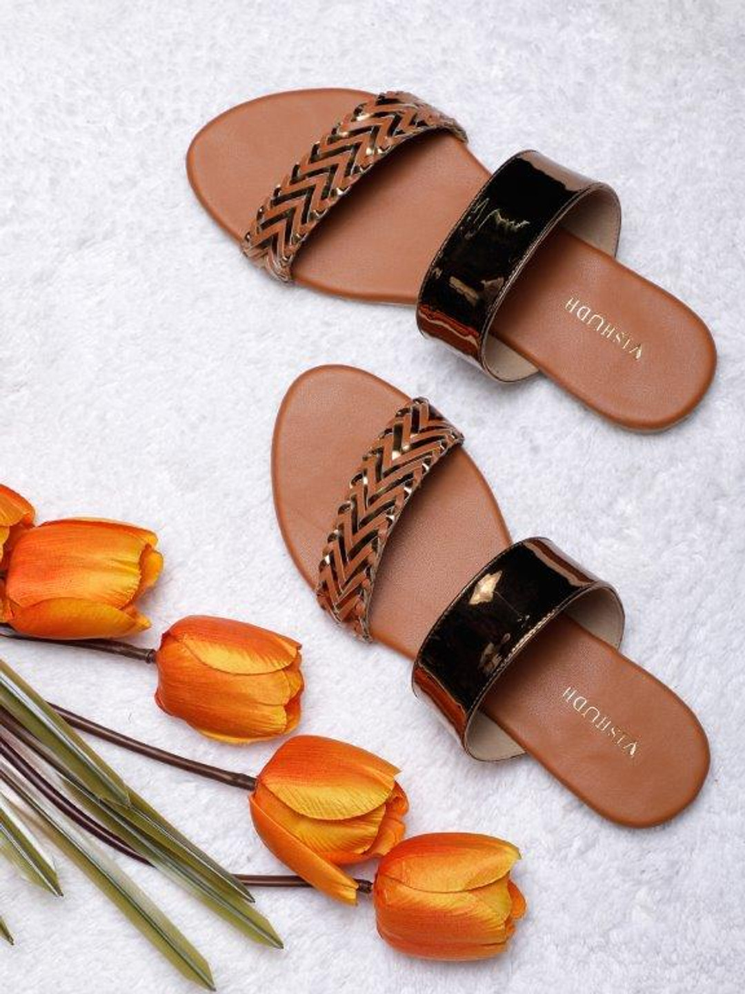 Vishudh Women Tan Brown & Gold Woven Design Open Toe Flats