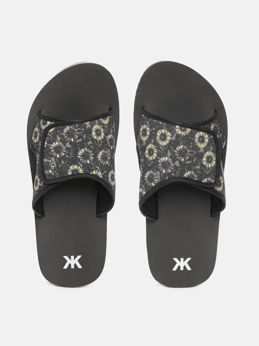 Kook N Keech Men Black & Yellow Floral Print Sliders
