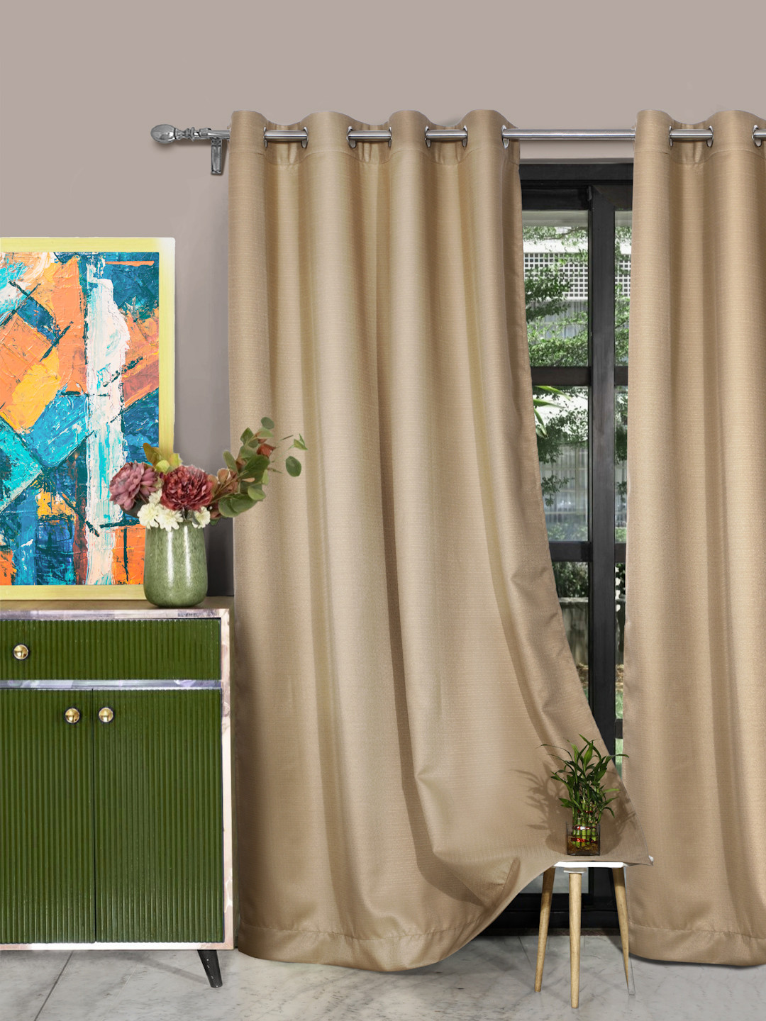 ROSARA HOME Set Of 2 Beige Self-Design Long Door Curtains