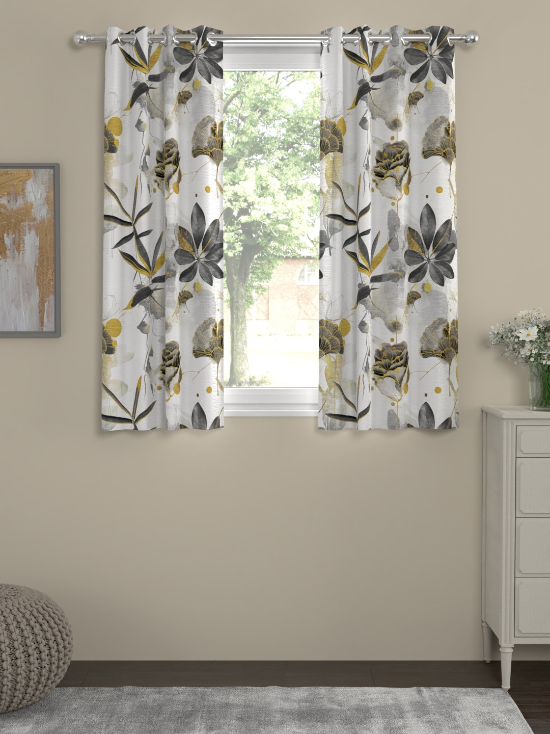 ROSARA HOME Set Of 2 White & Grey Floral Print Voile Chenille Window Curtains