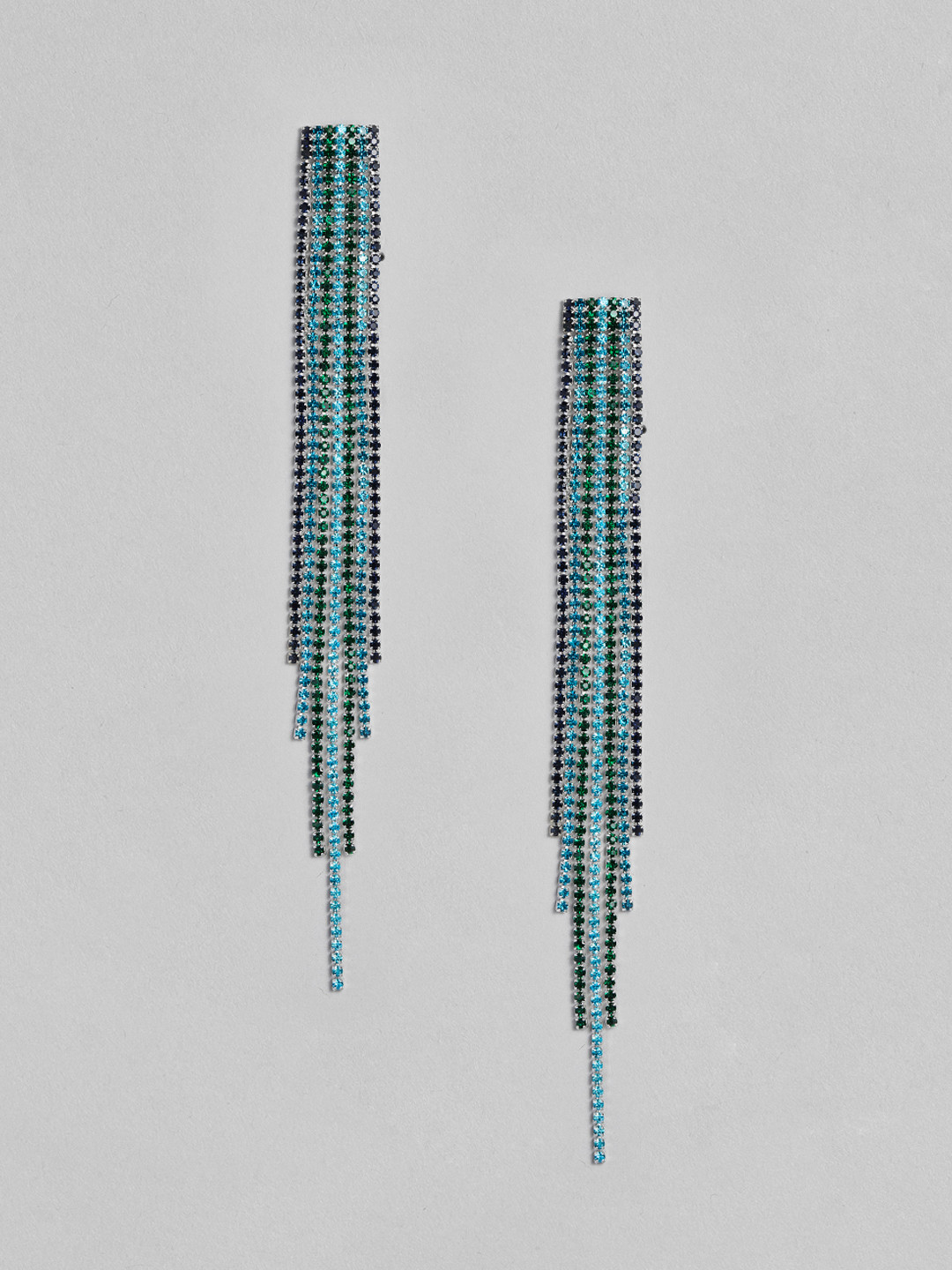 justpeachy Blue & Black Silver-Plated Tasselled Chandelier CZ Studded Drop Earrings