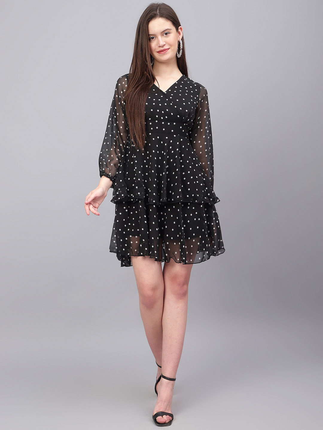 ANVI Be Yourself Polka Dot Printed Puff Sleeve Georgette Mini Skater Dress