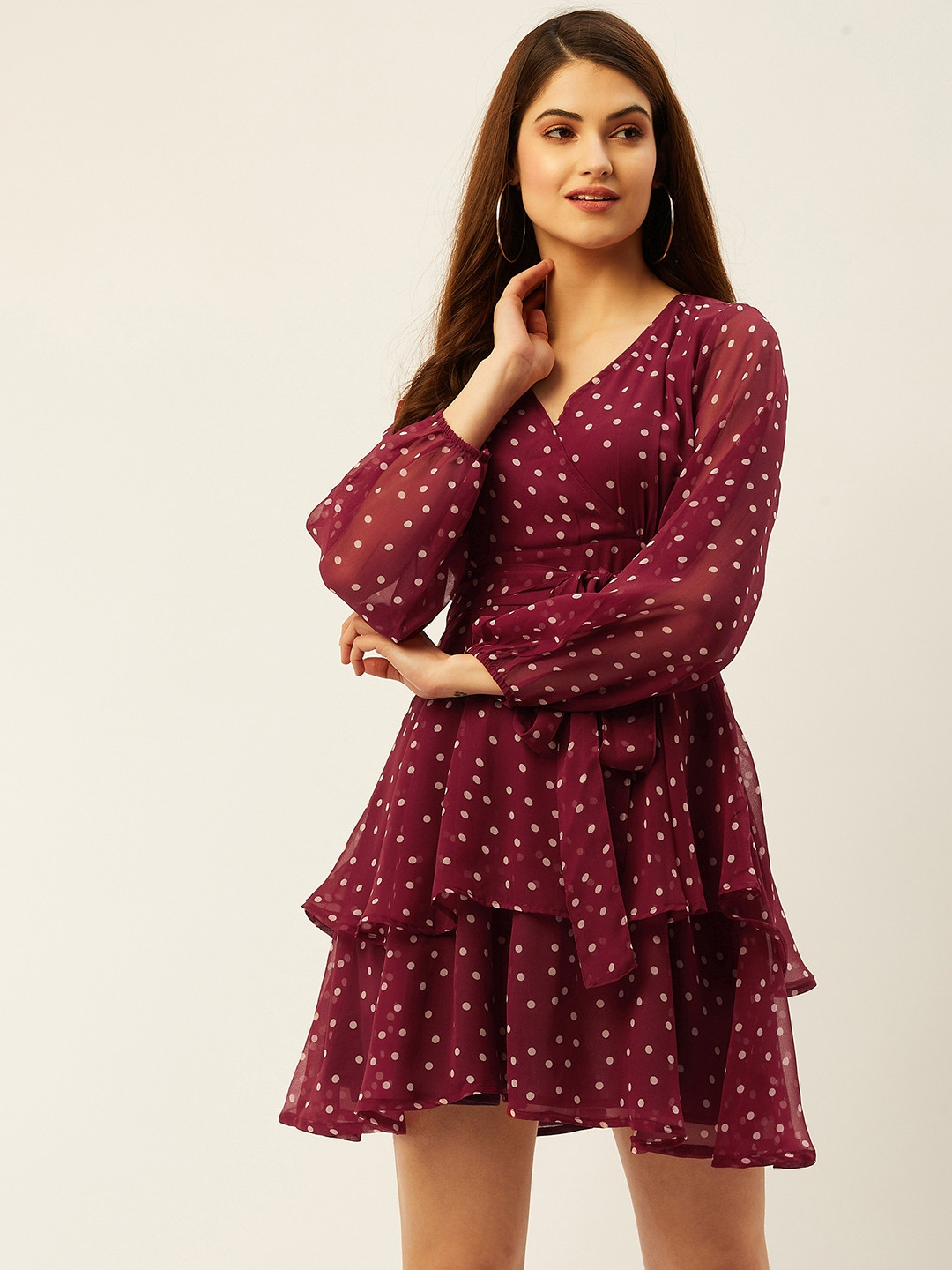 ANVI Be Yourself Polka Dot Printed Puff Sleeve Georgette Mini Skater Dress
