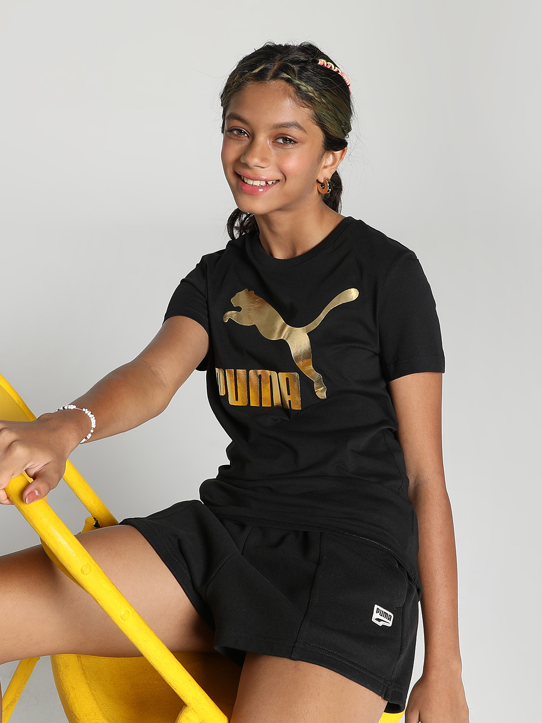 Puma Girls Black Printed Pure Cotton Classics Round Neck Pure Cotton T-shirt