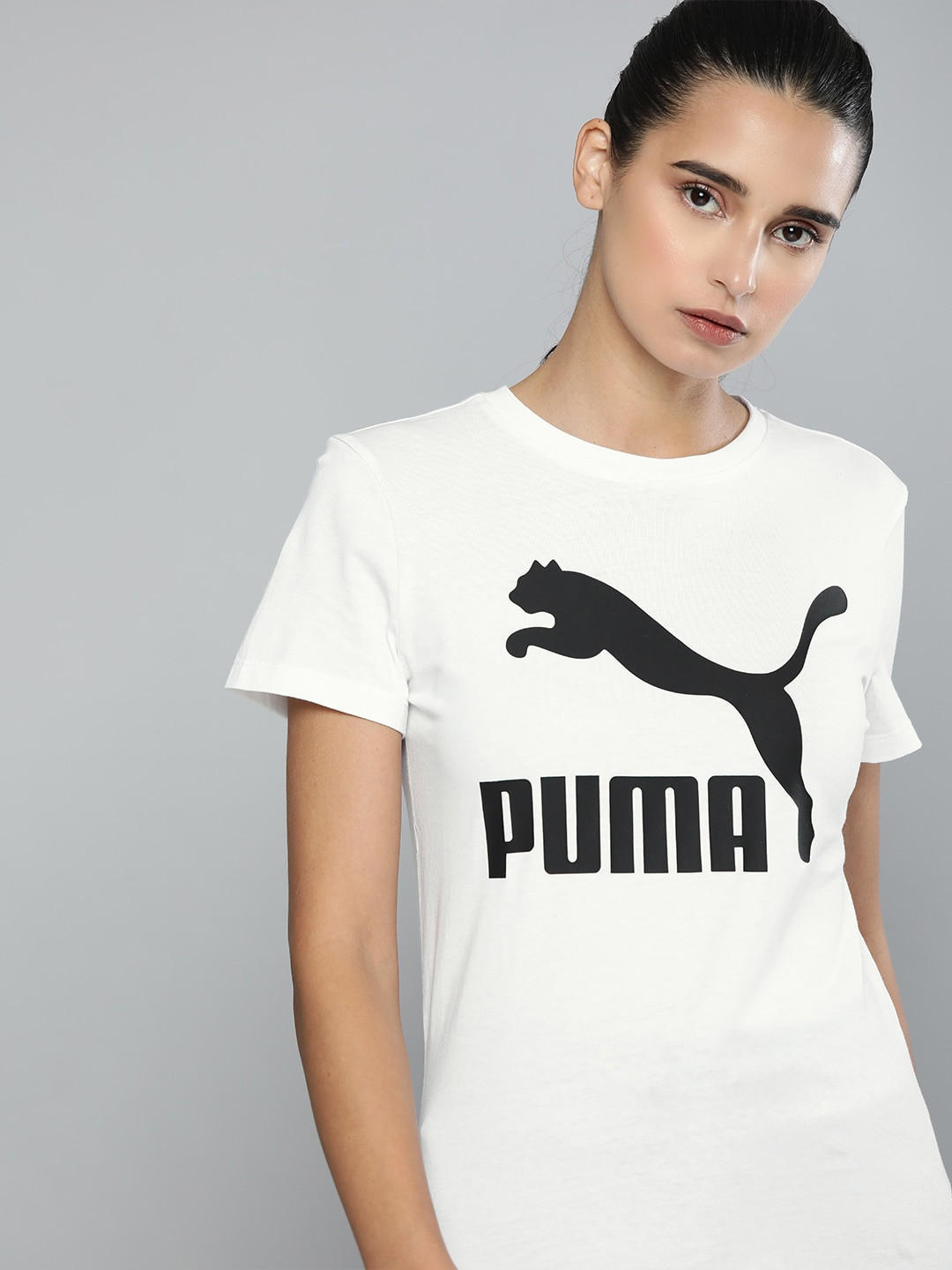 Puma Women White Classics Logo Printed Round Neck Pure Cotton T-shirt