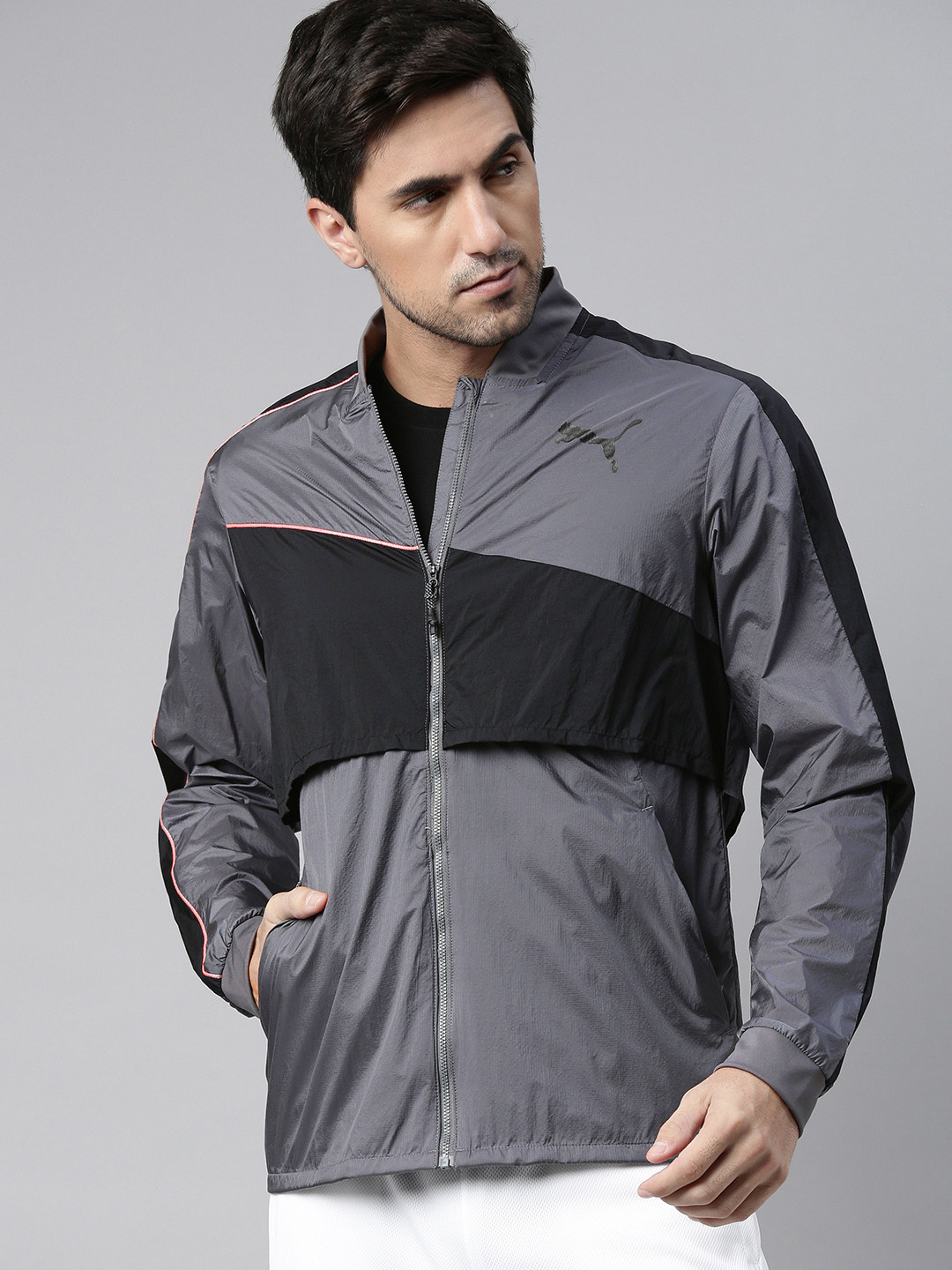 Puma Men Grey & Black Colourblocked Running Sporty Jacket