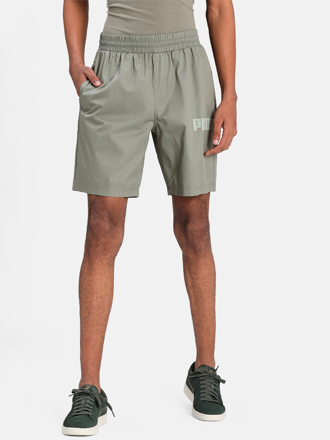 Puma Men Olive Green Solid MODERN BASICS Regular Fit Shorts